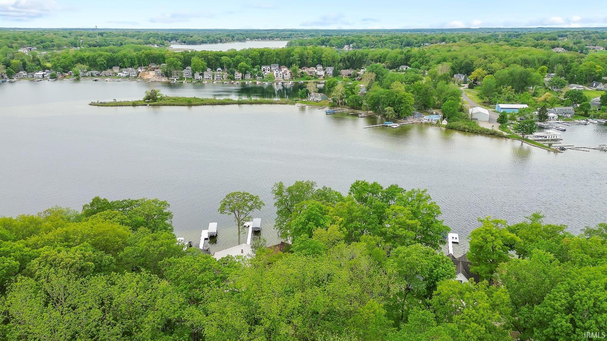 Expansive lakefront property with private dock and lush surrounding trees