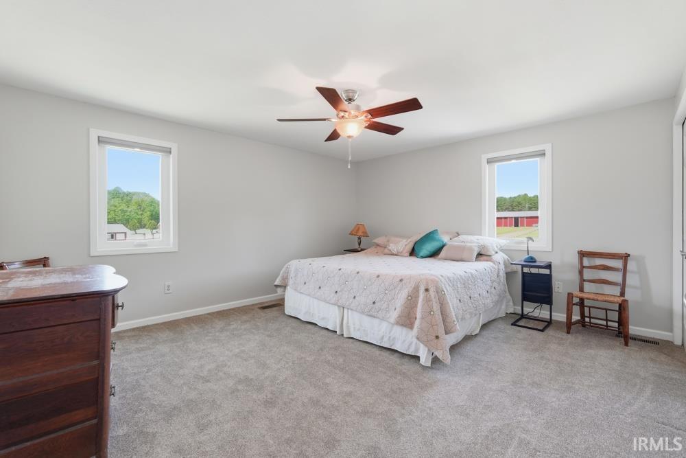 Carpeted room featuring a ceiling fan with light fixture, two windows with white trim, and light gray wall paint