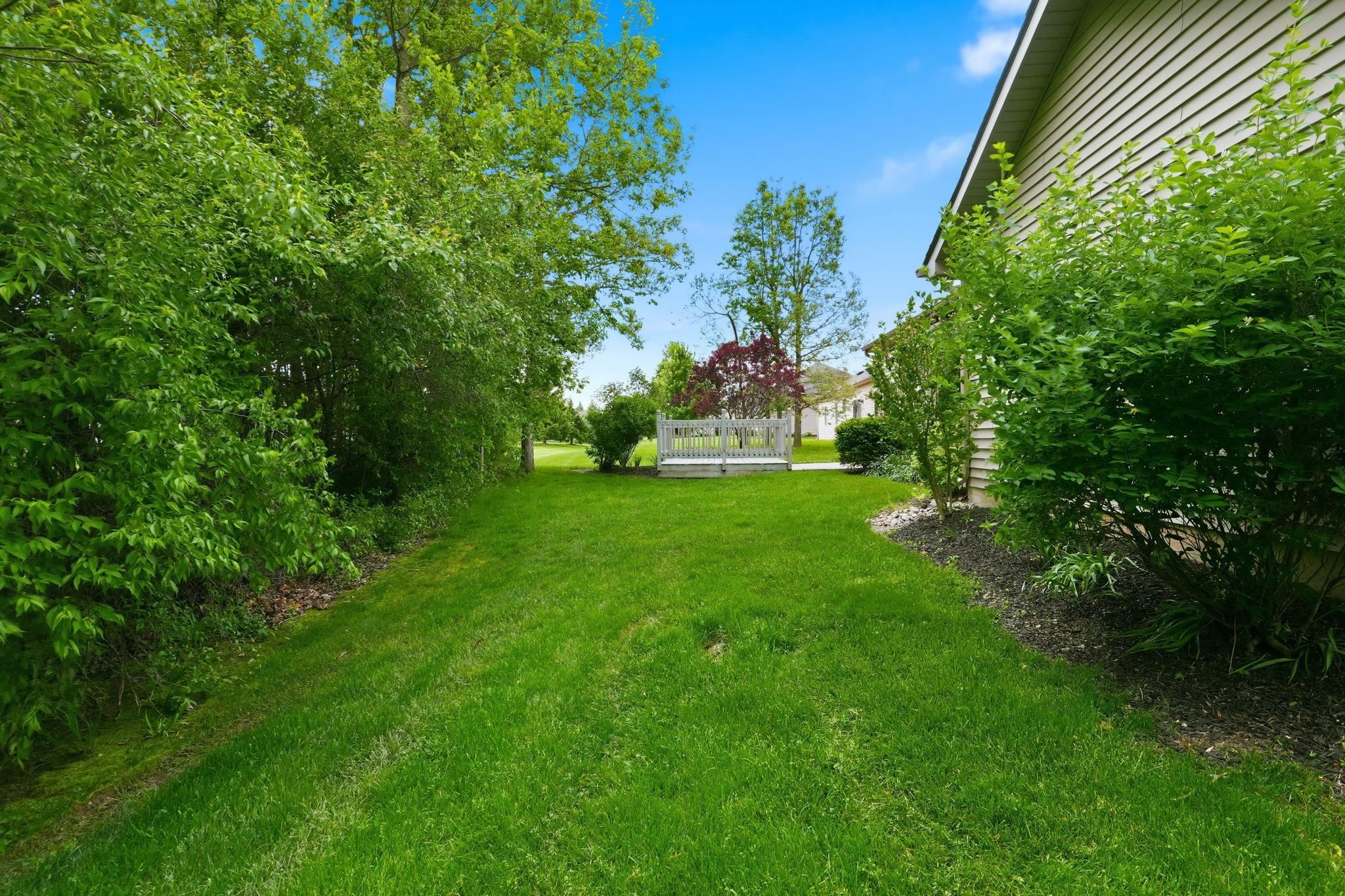 Expansive lawn area surrounded by mature greenery and landscaping