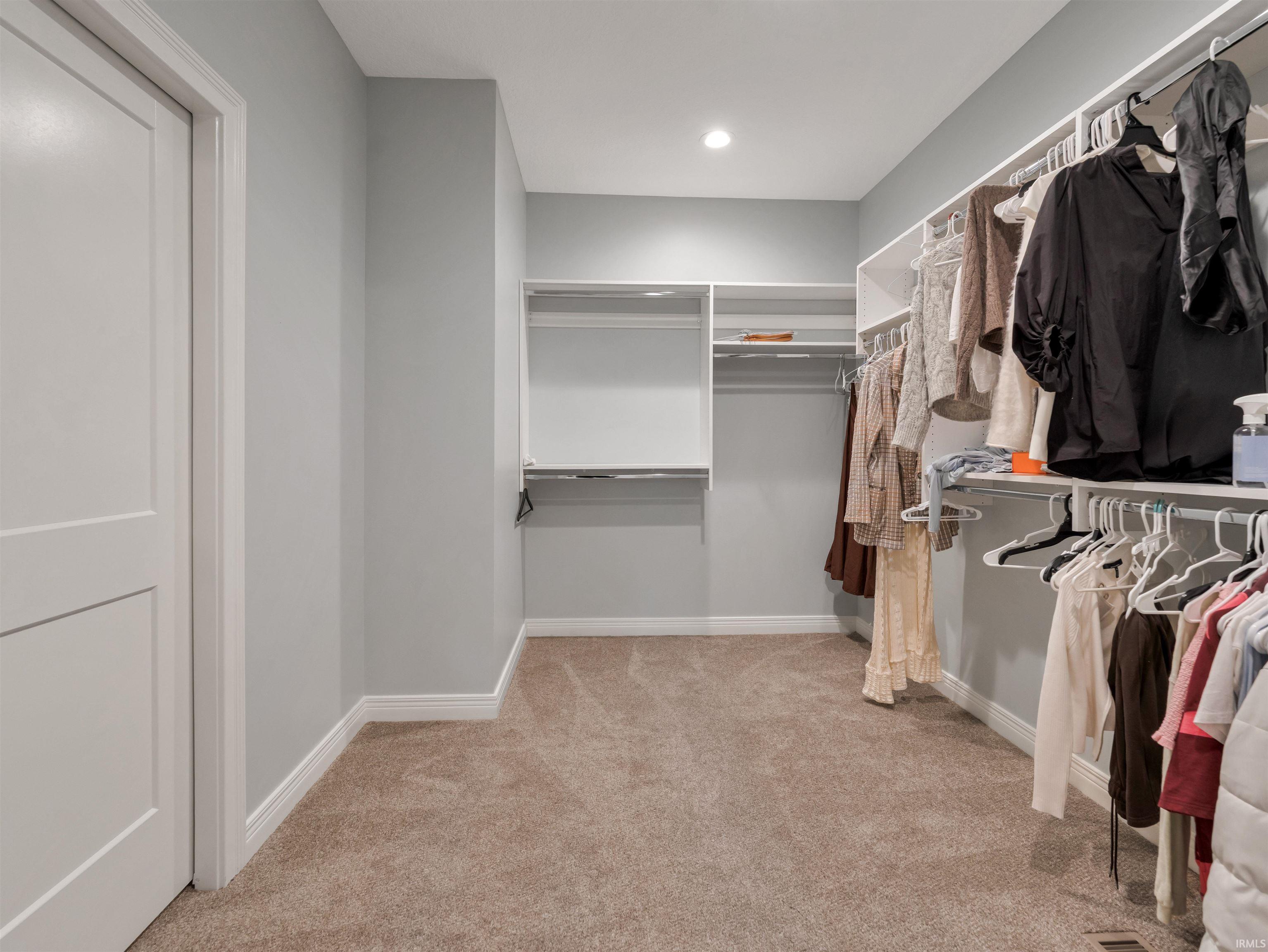 Spacious walk-in closet featuring carpet flooring, built-in shelving, and hanging rods