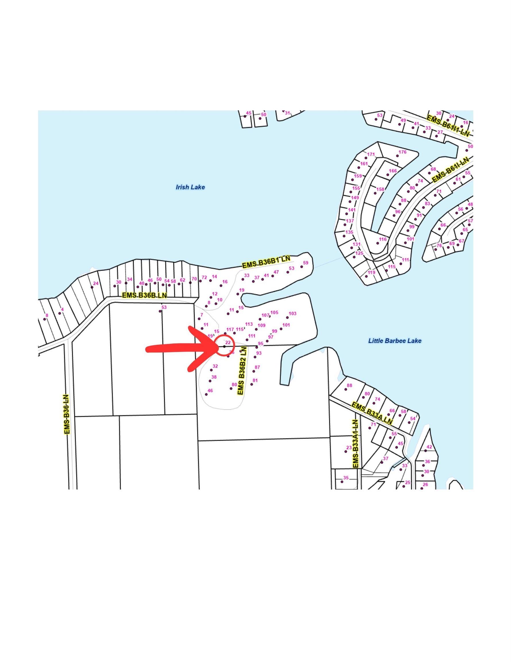 Plat Map. Illustrating the property's location and surrounding parcels relative to Irish Lake and Little Barbee Lake
