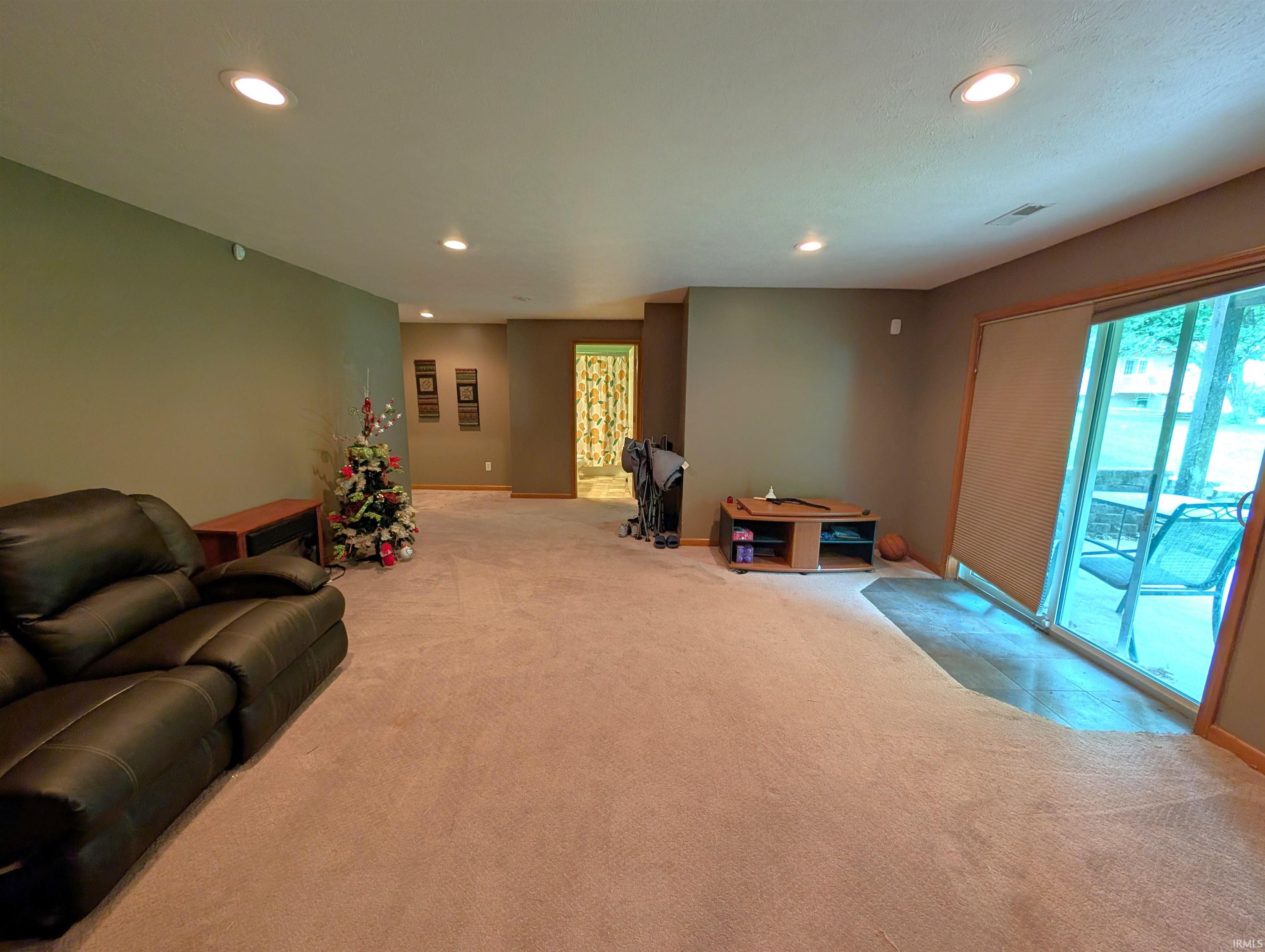 Spacious room featuring neutral carpeting, recessed lighting, and a sliding glass door providing outdoor access