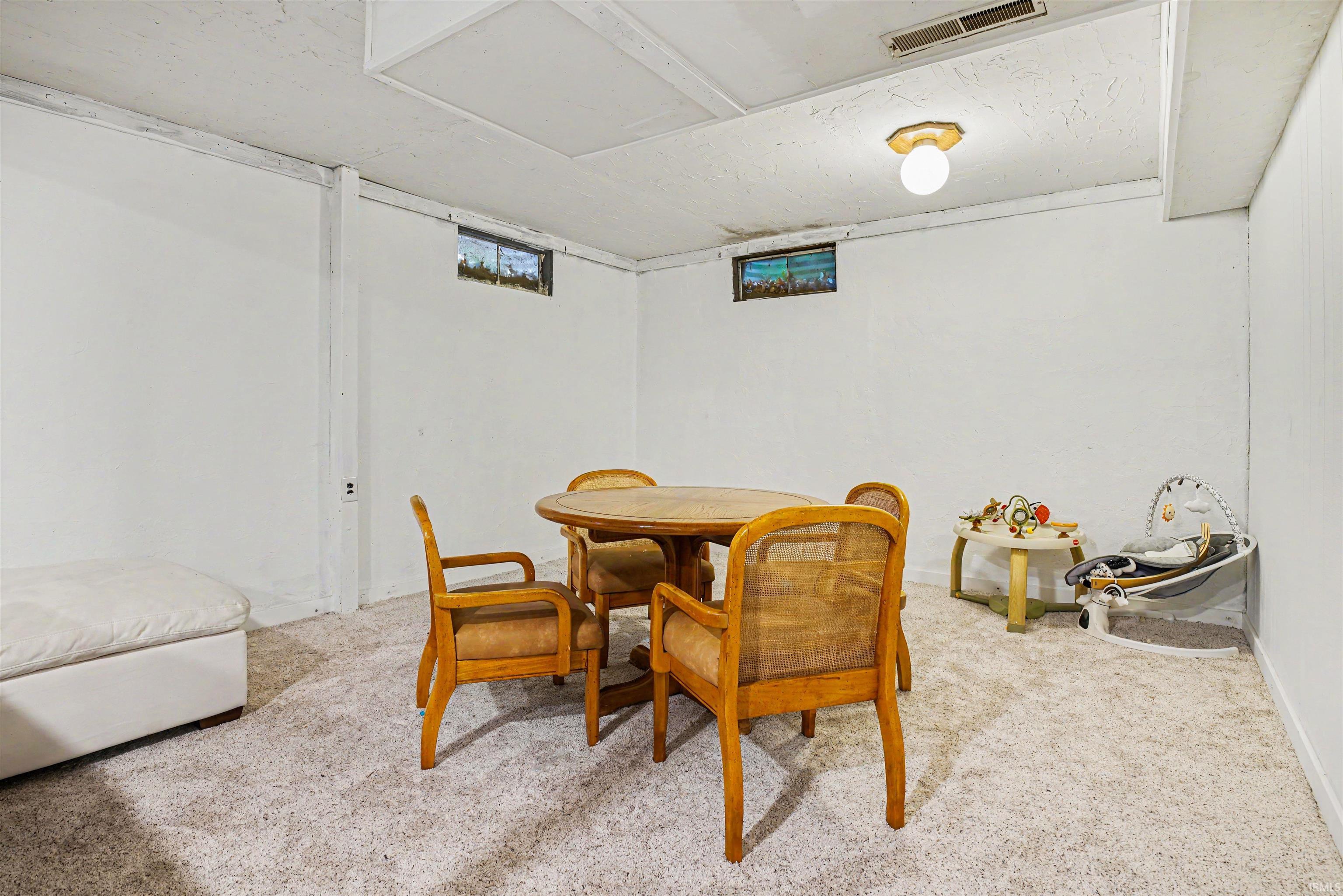 Lower level space featuring light-colored carpeting and white-painted walls