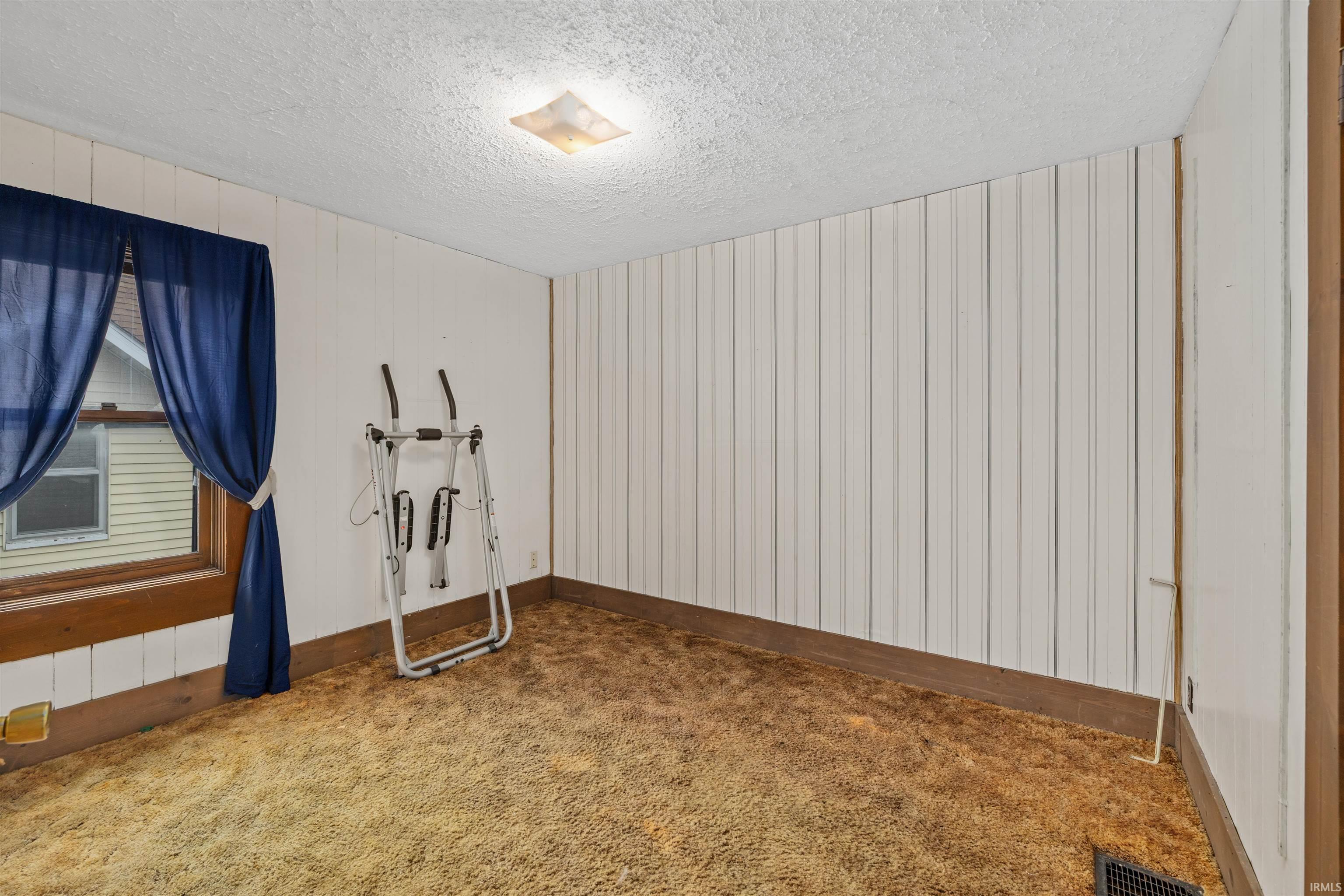 Room featuring textured wall paneling, a ceiling-mounted light fixture, and carpet flooring