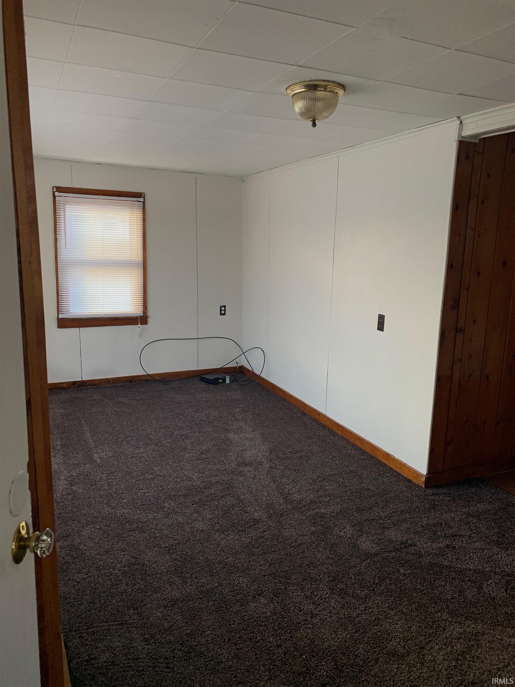 Carpeted room featuring white paneling, wood-frame window with blinds, and ceiling-mounted light fixture
