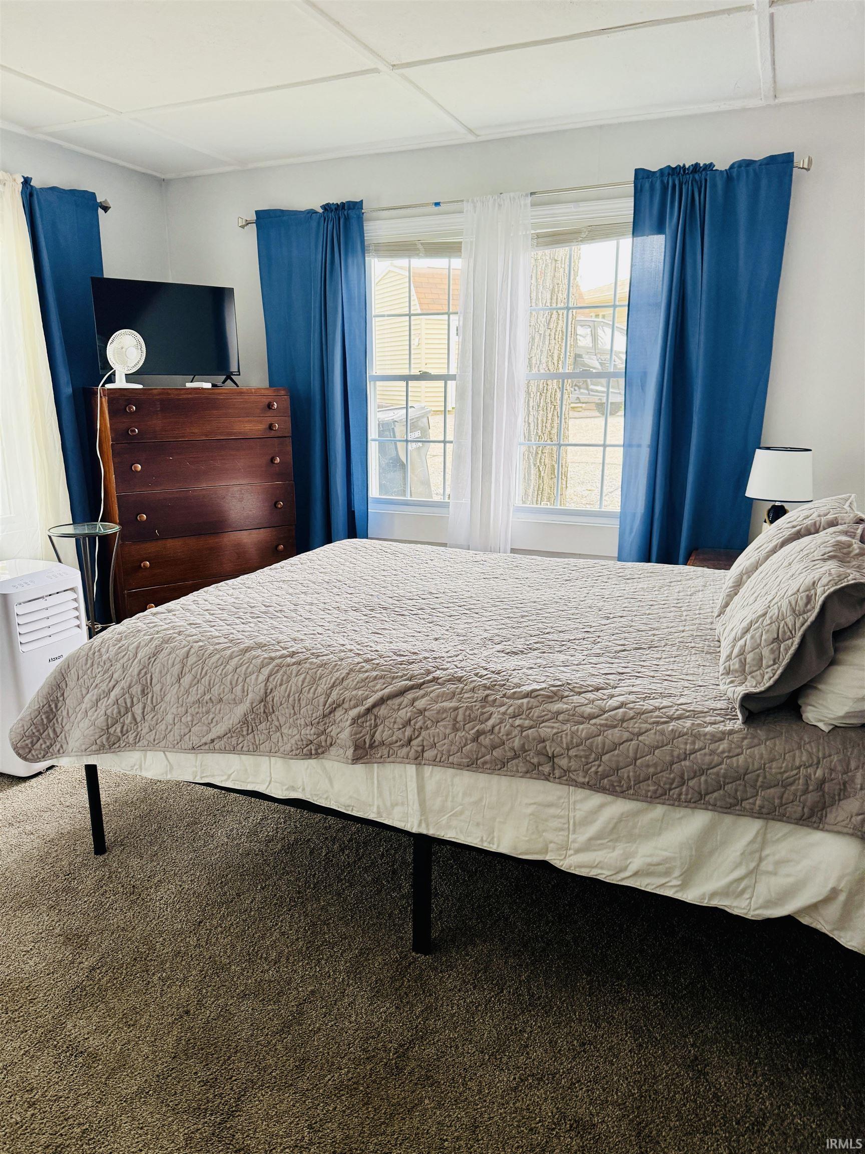 Carpeted bedroom with a pair of double-hung windows