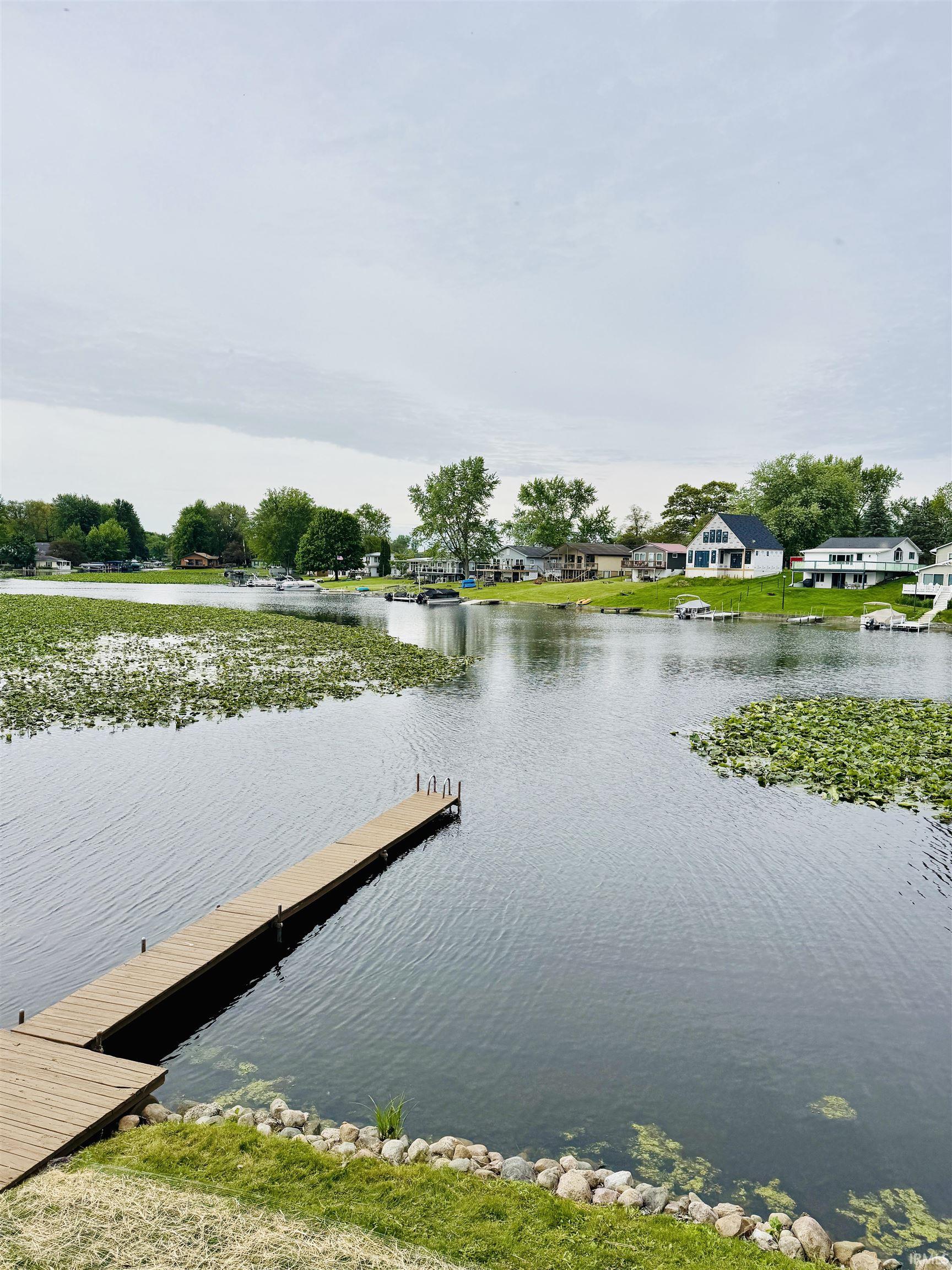 Private wooden dock extending into the waterway, surrounded by aquatic vegetation