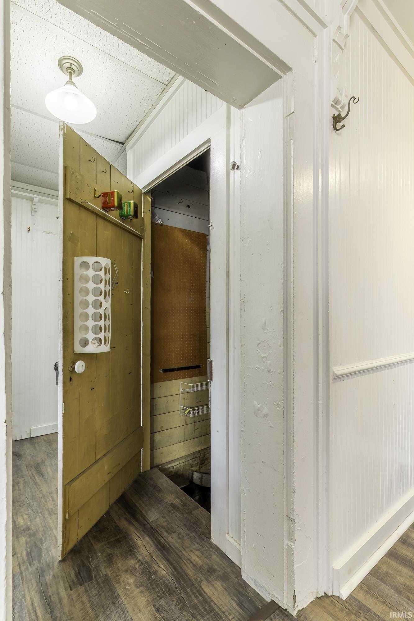 Utility access point featuring a wooden door, wood-finish flooring, white beadboard paneling, and a flush mount ceiling fixture