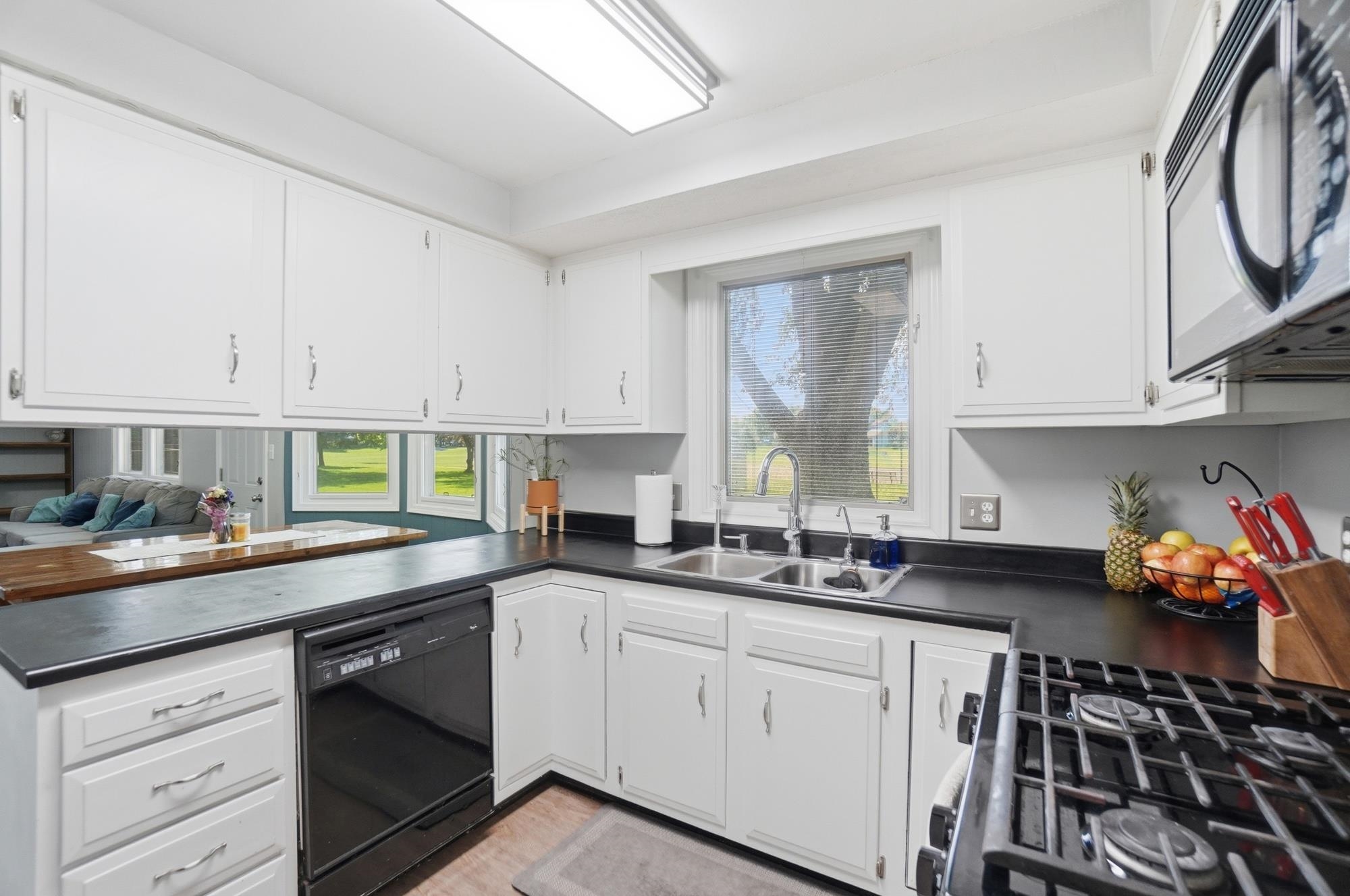 White cabinetry with dark countertops, double basin sink, dishwasher, and gas range