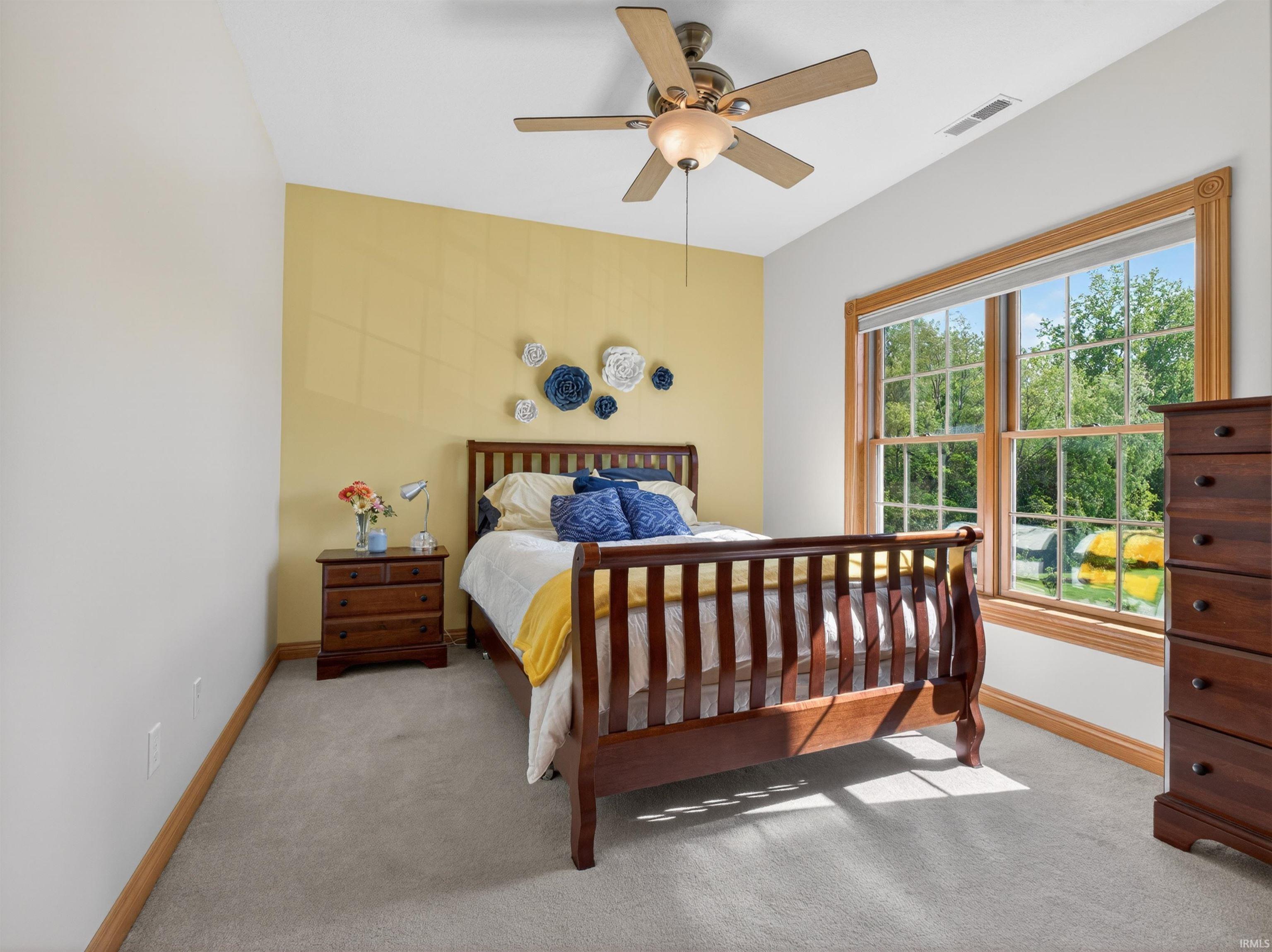 Carpeted room with a ceiling fan, a prominent window featuring wood trim, and a yellow accent wall