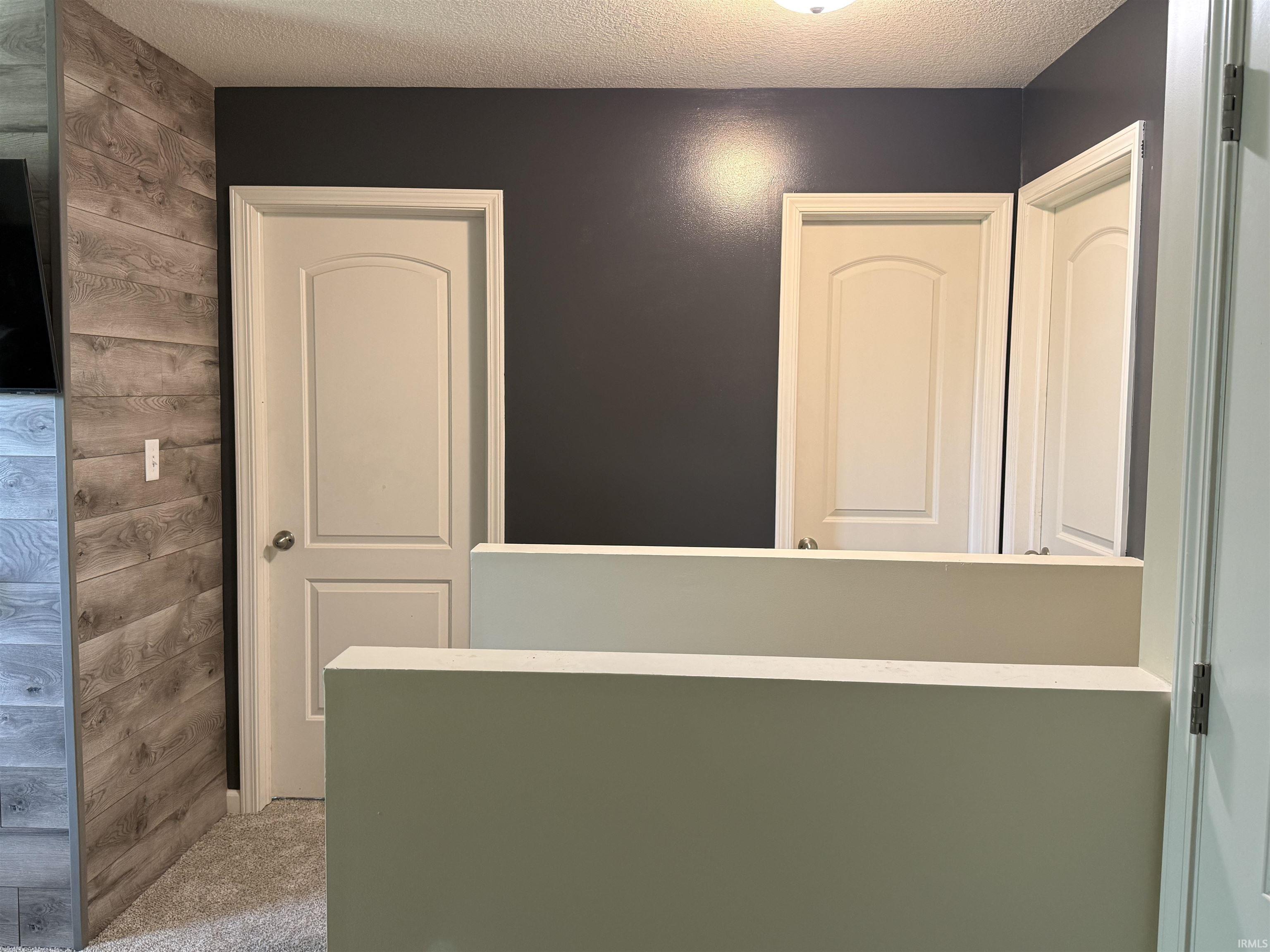 Hallway featuring a dark accent wall, three white panel doors, and a partial wood-finish accent wall