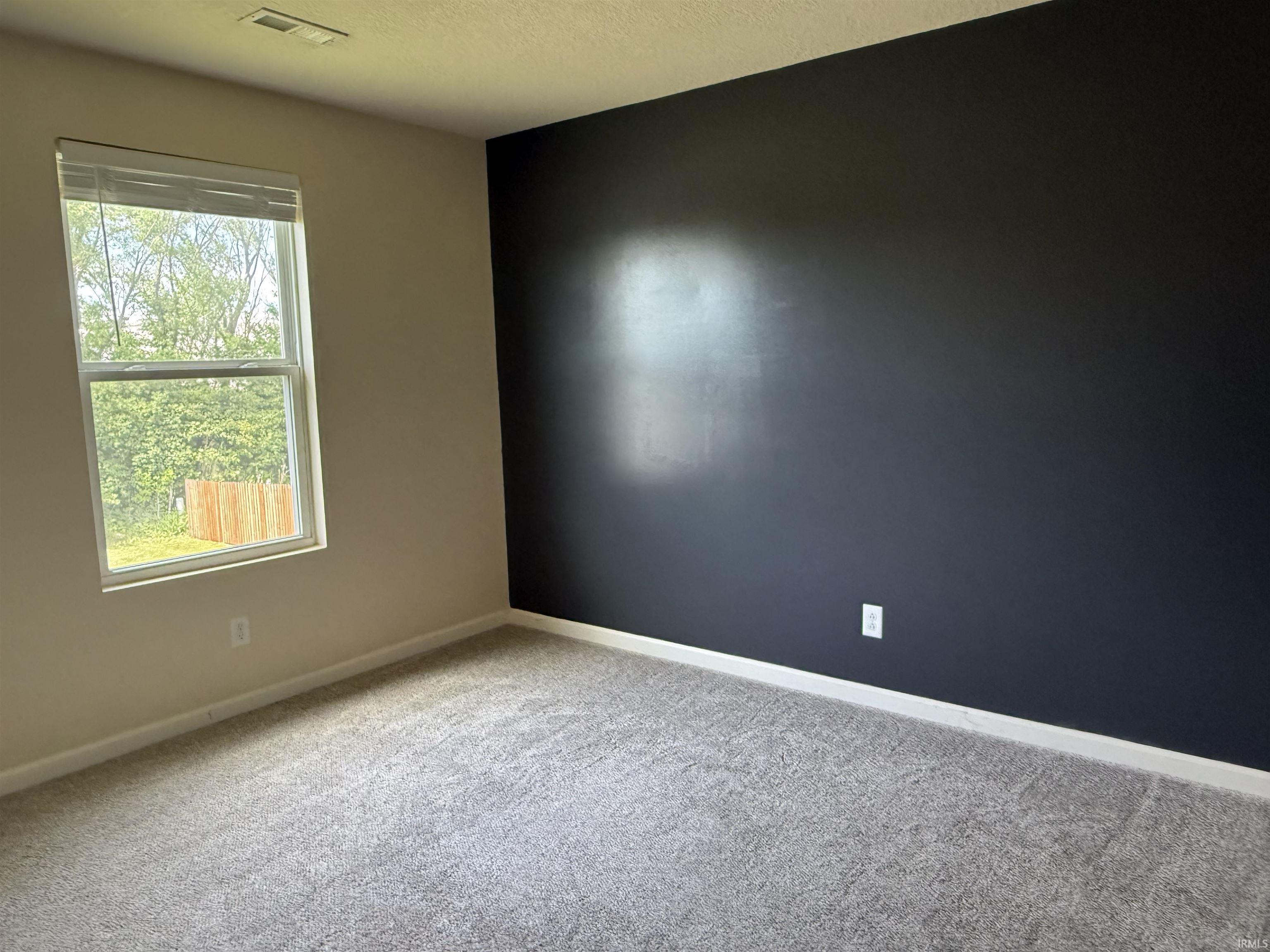 Room featuring neutral-toned walls, a dark accent wall, and gray carpeting