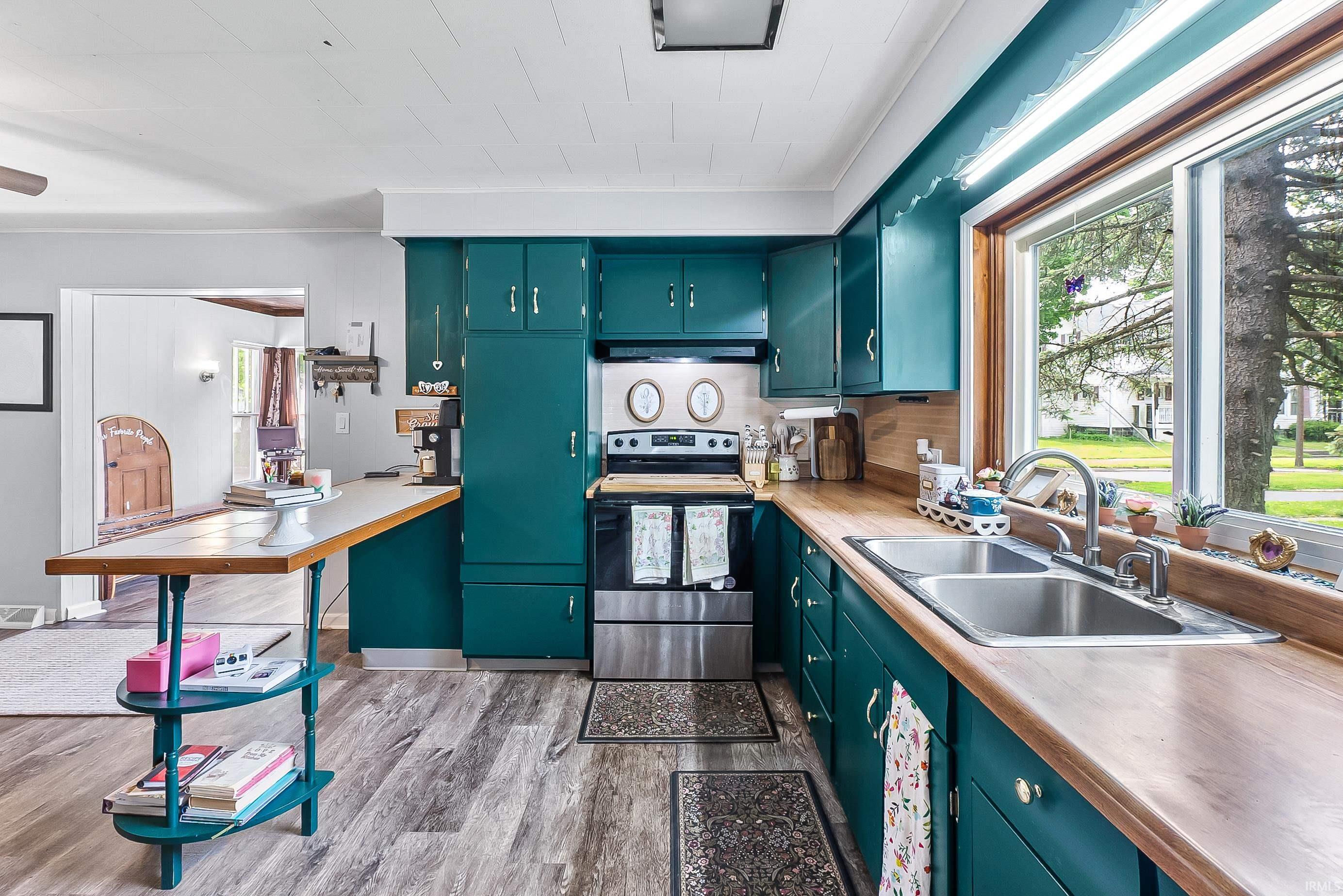 Kitchen featuring teal cabinetry, wood-finish countertops, and a double basin stainless steel sink