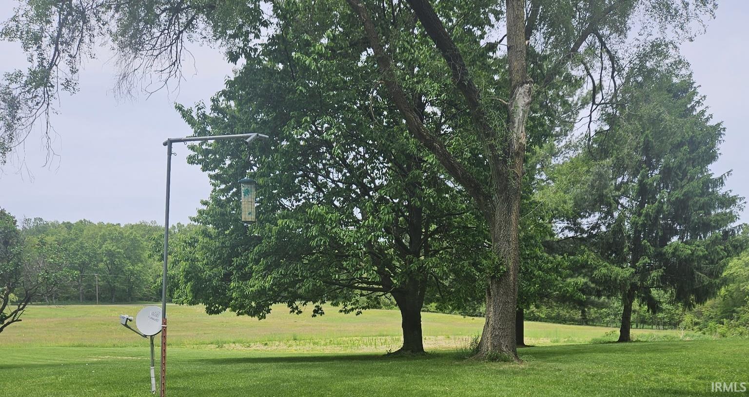 Expansive green lawn surrounded by mature trees, bordering a field with distant tree lines