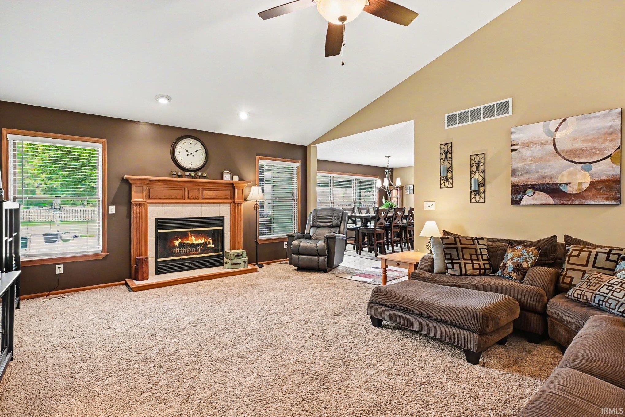 Living room featuring a vaulted ceiling and a ceiling fan with light fixture