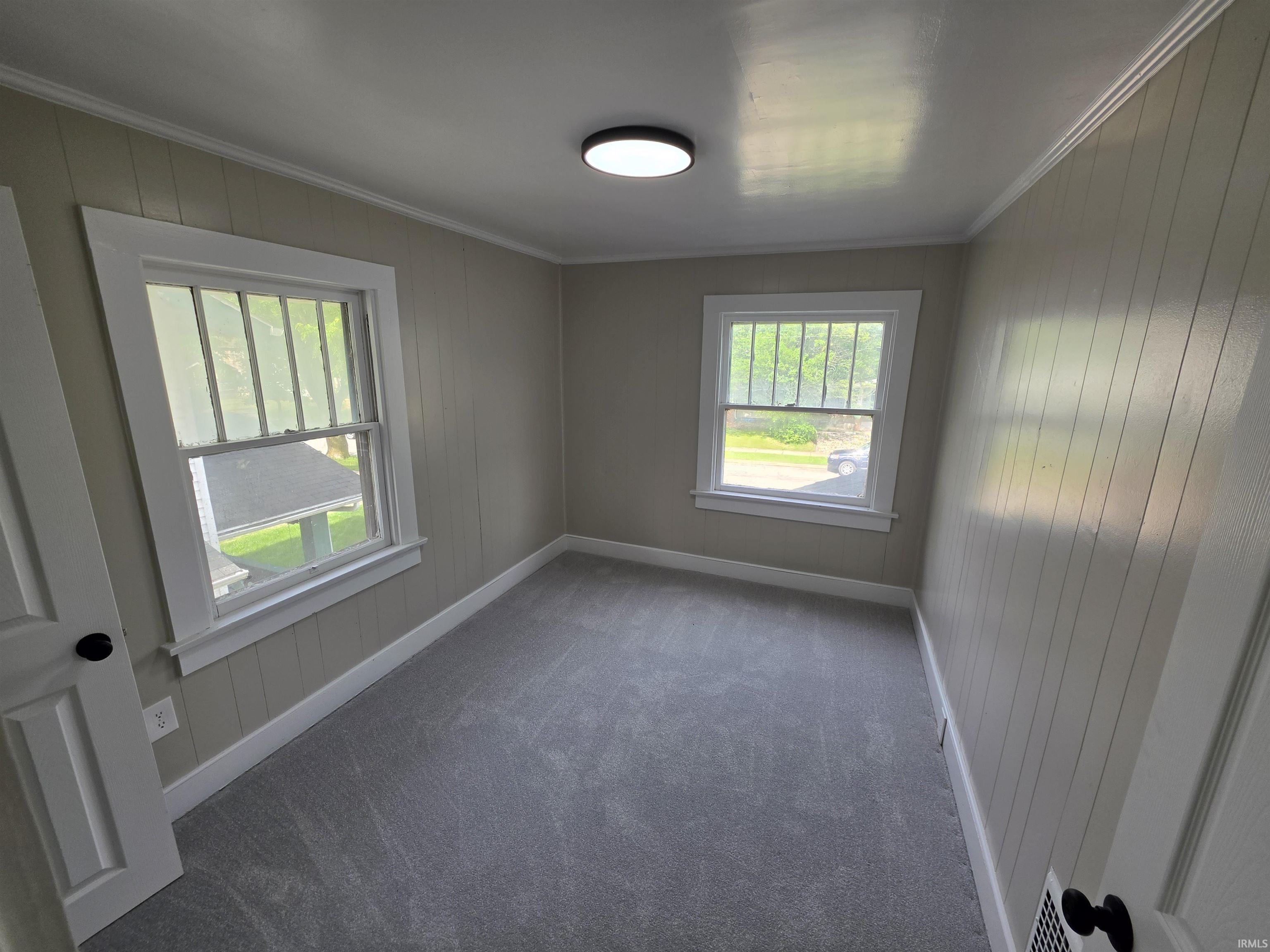 Carpeted room with two windows featuring white trim, paneled walls, and a flush-mount ceiling light fixture