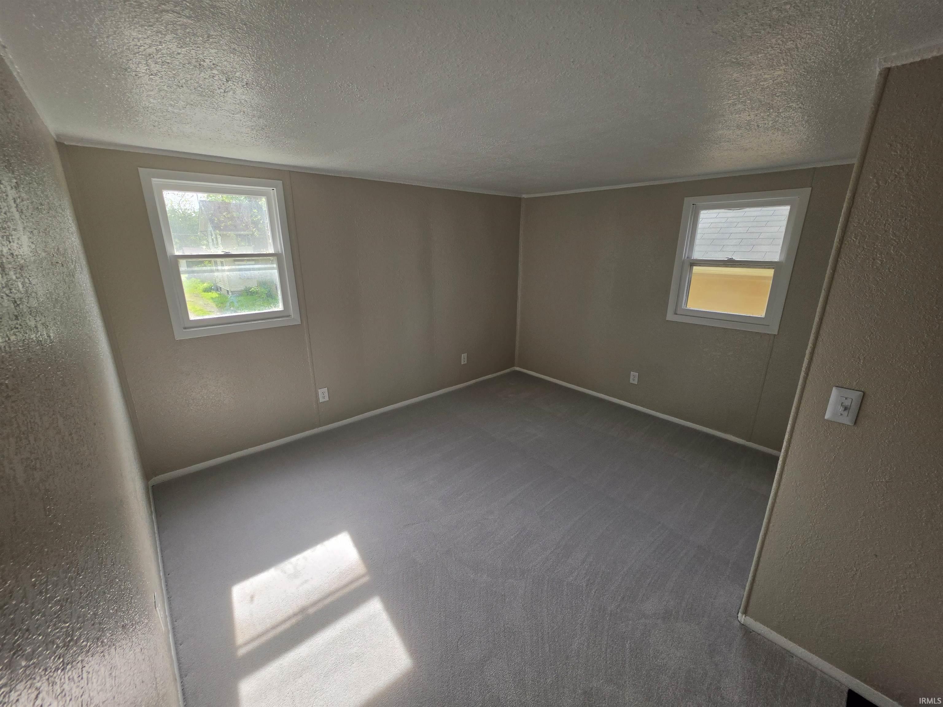 Neutral-toned walls complement the light gray carpeting