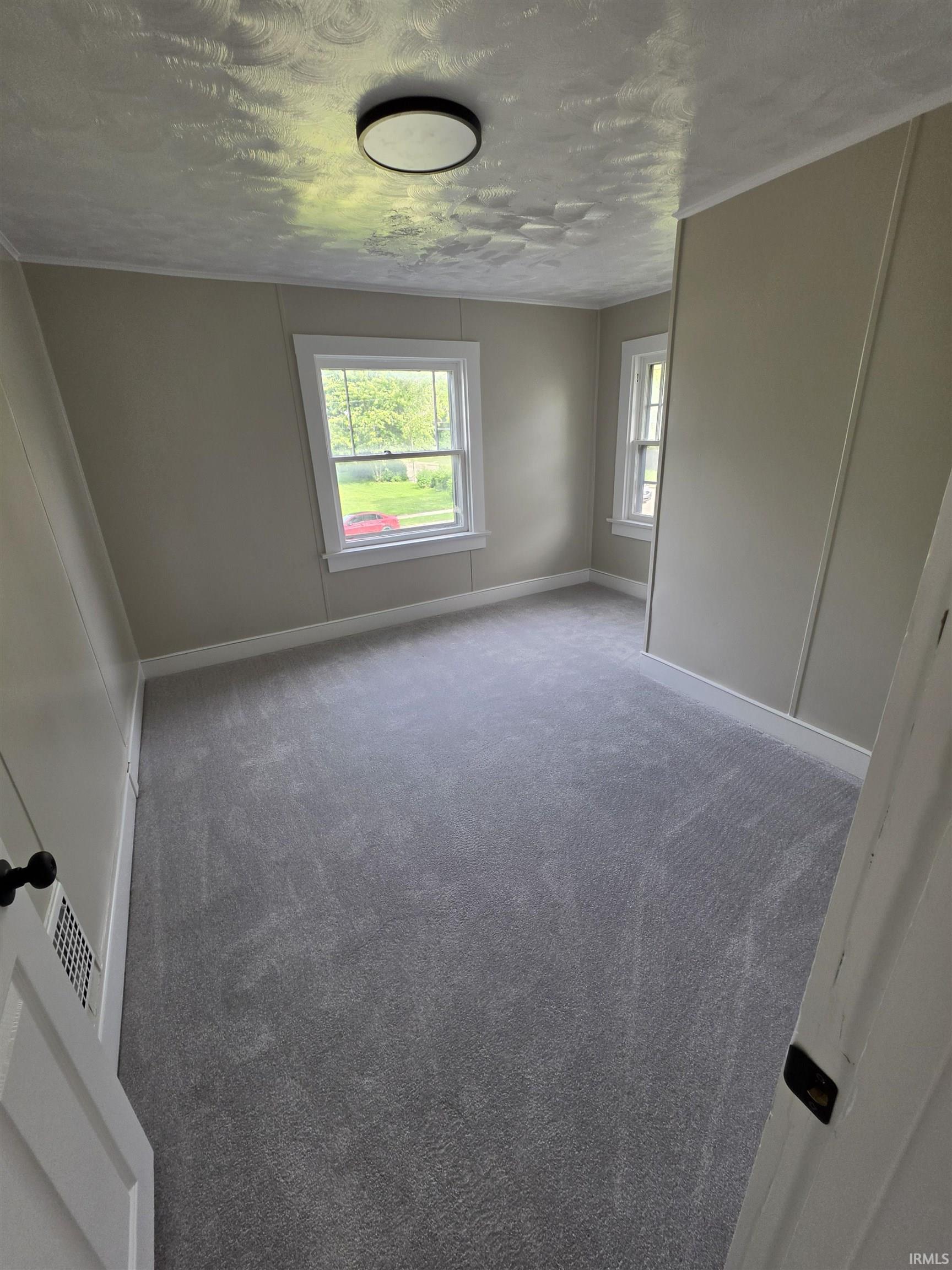 Neutral gray carpeting, two sash windows, light gray wall paneling, and a flush-mount ceiling light fixture
