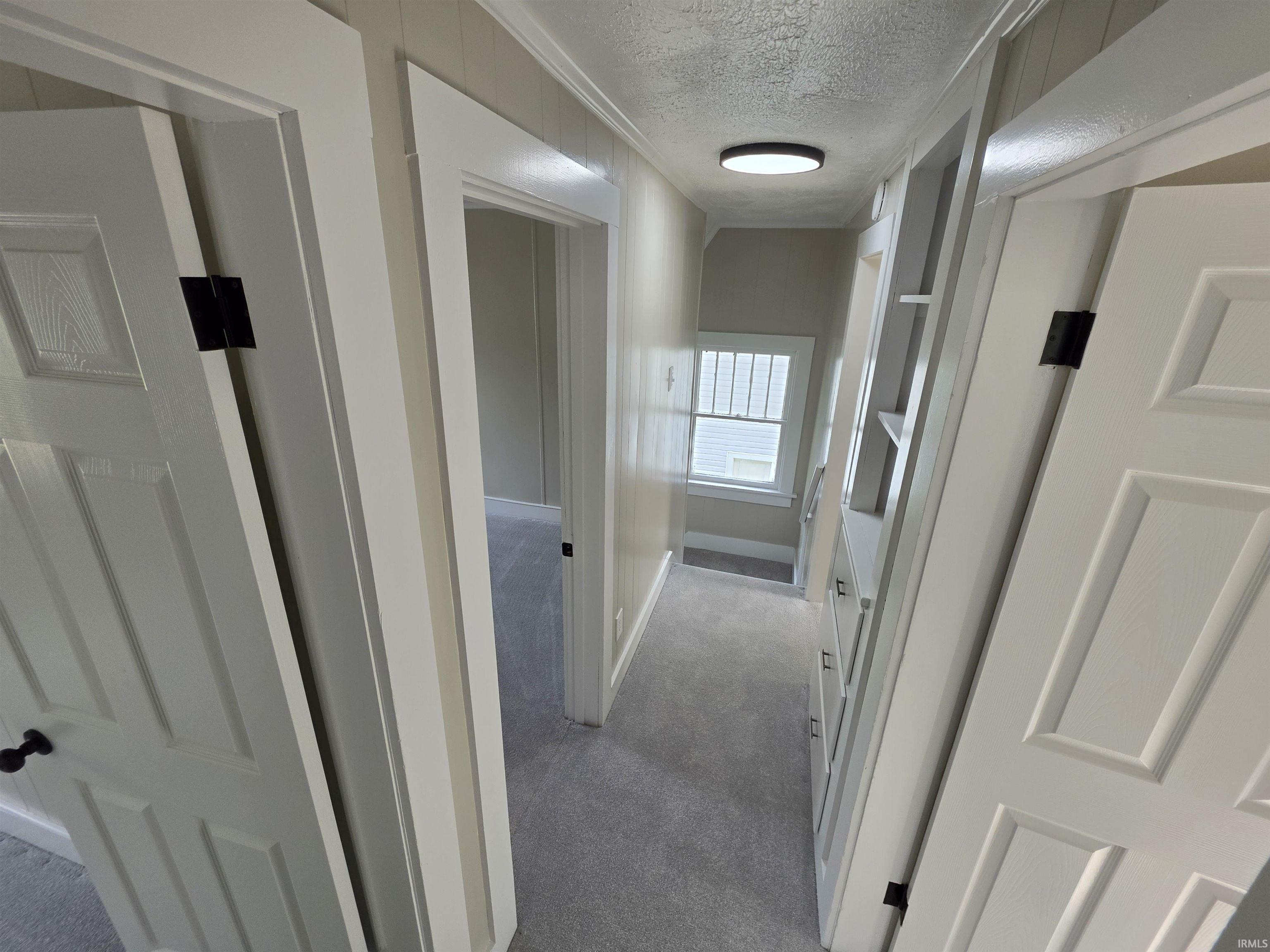 Hallway with light gray carpet flooring, white paneled doors, black door hardware, a flush-mount ceiling light fixture, and built-in shelving with drawers