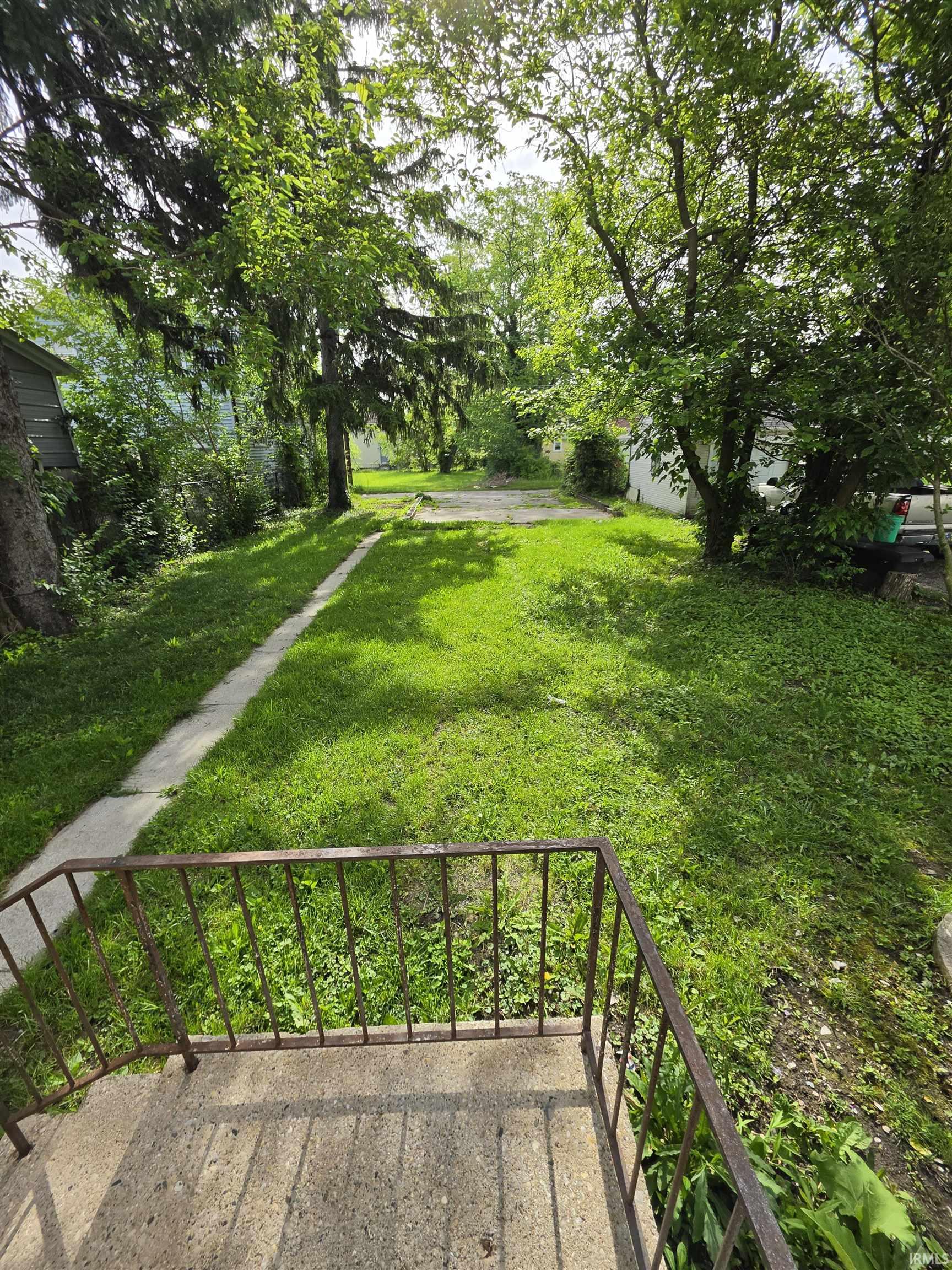 Expansive green space featuring mature trees and a concrete pathway