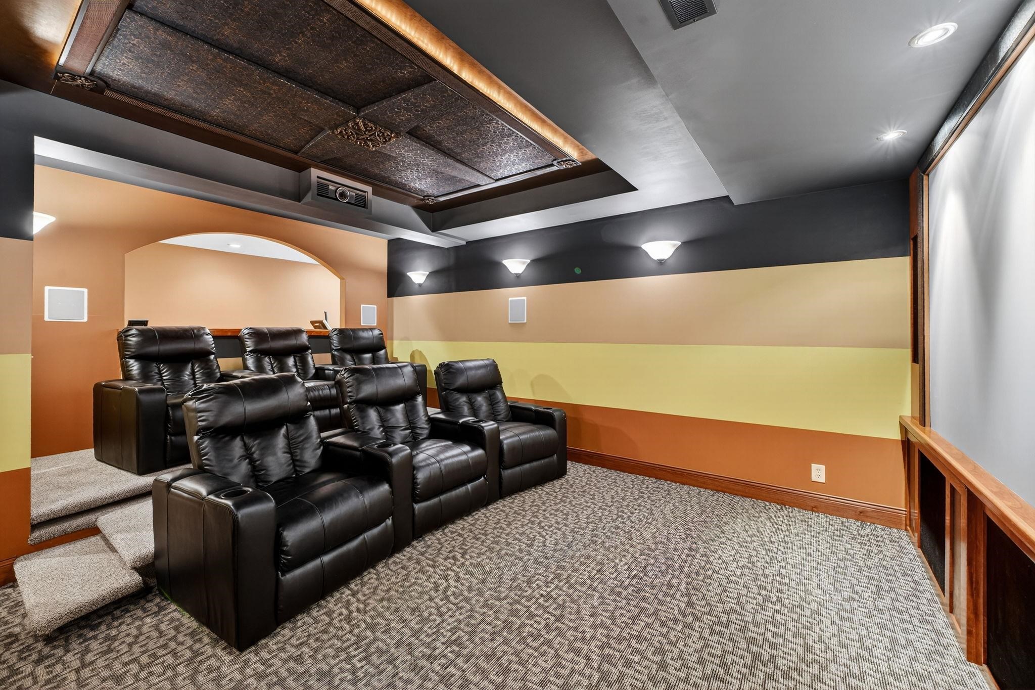 Dedicated home theater featuring tiered seating, recessed lighting, a built-in projector, and a large projection screen