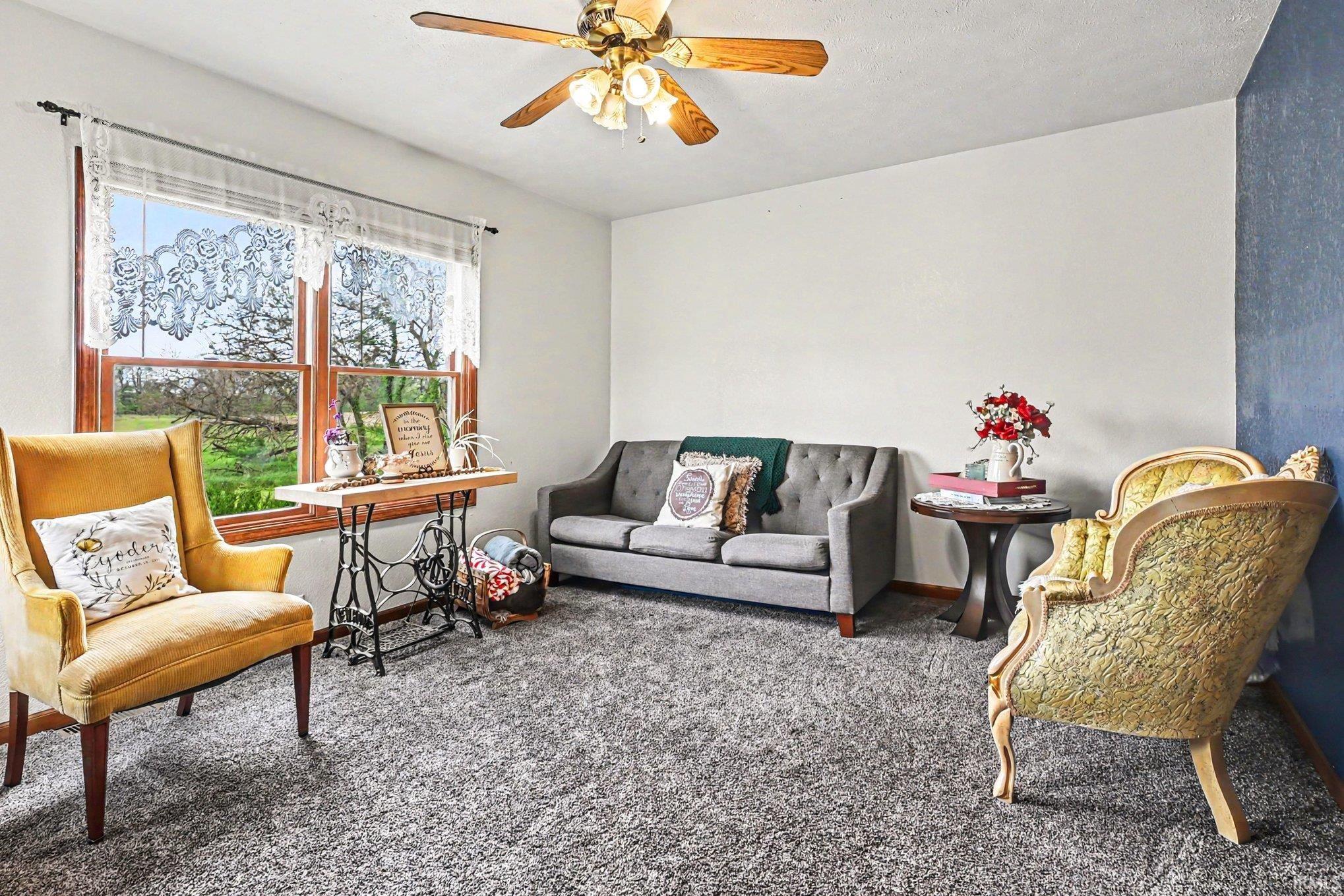 Spacious room featuring neutral wall tones, a wood-finish ceiling fan, and carpeted flooring