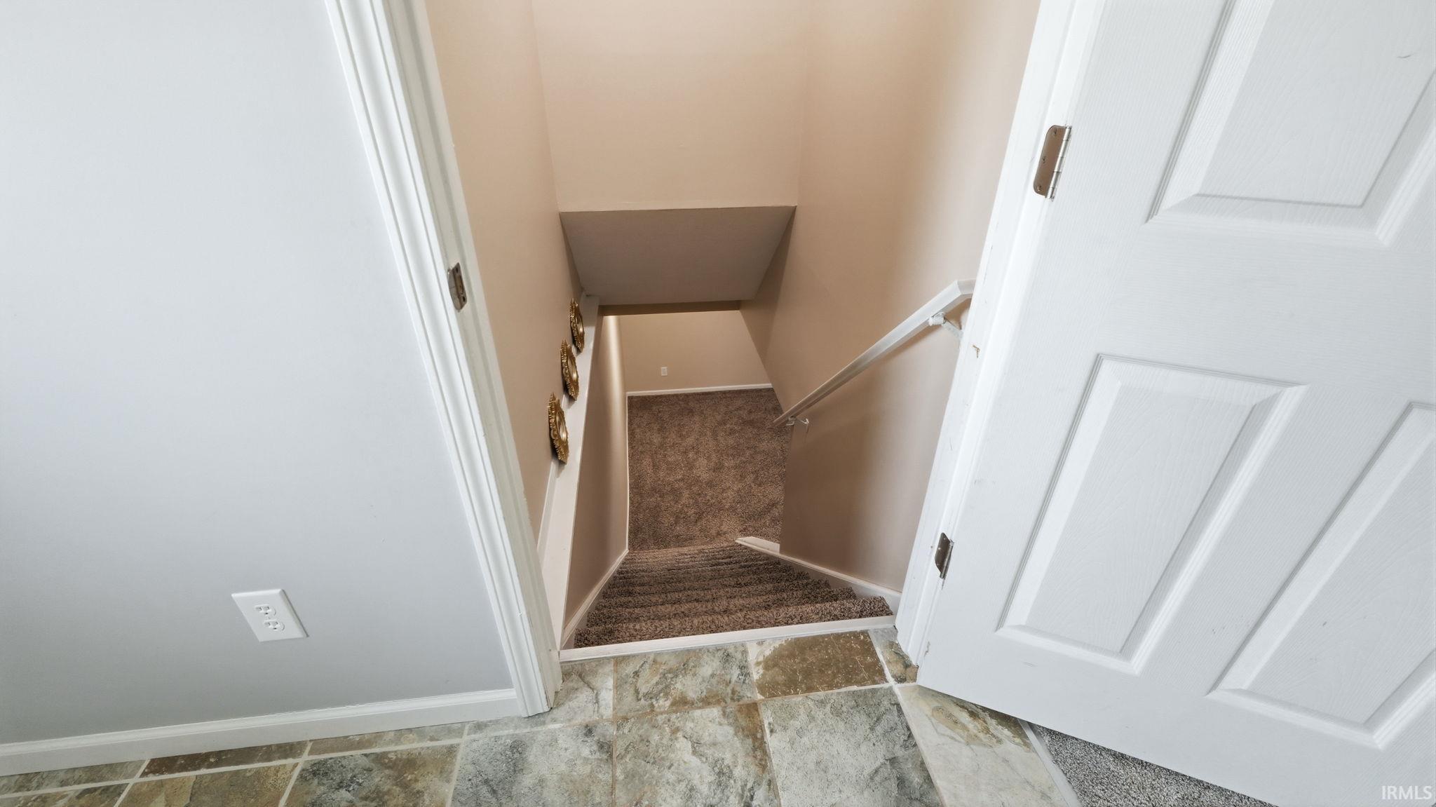 Carpeted staircase with a white railing and wall-mounted decorative accents