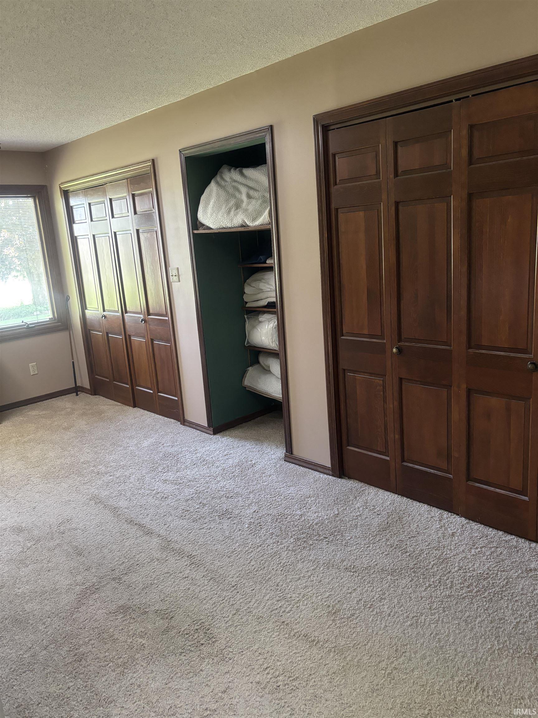 Room featuring multiple wood-paneled doors, built-in shelving, and light-colored carpeting
