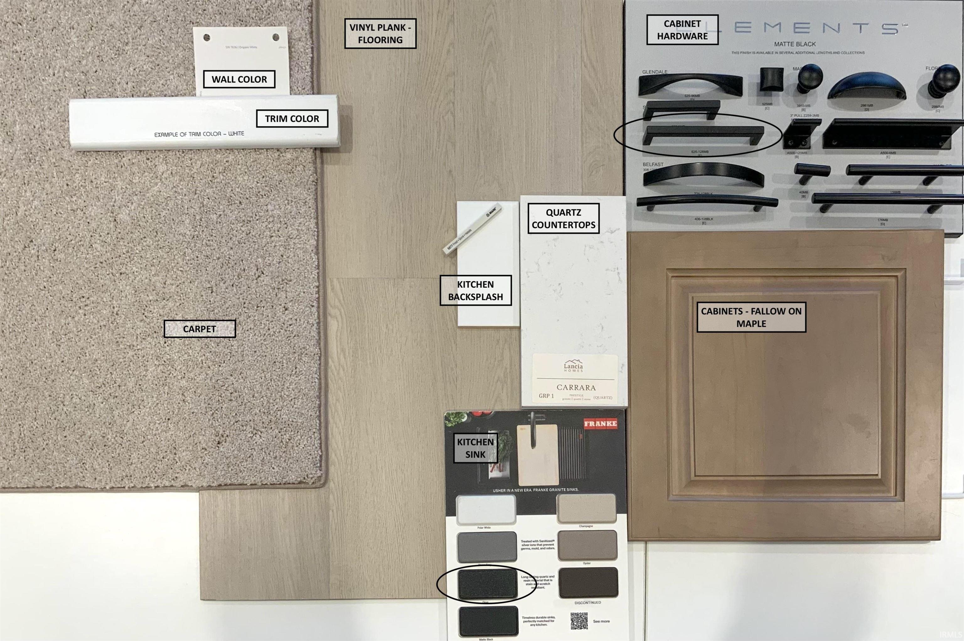 Selection of interior finishes including vinyl plank flooring, carpet, quartz countertops, and a maple cabinet door