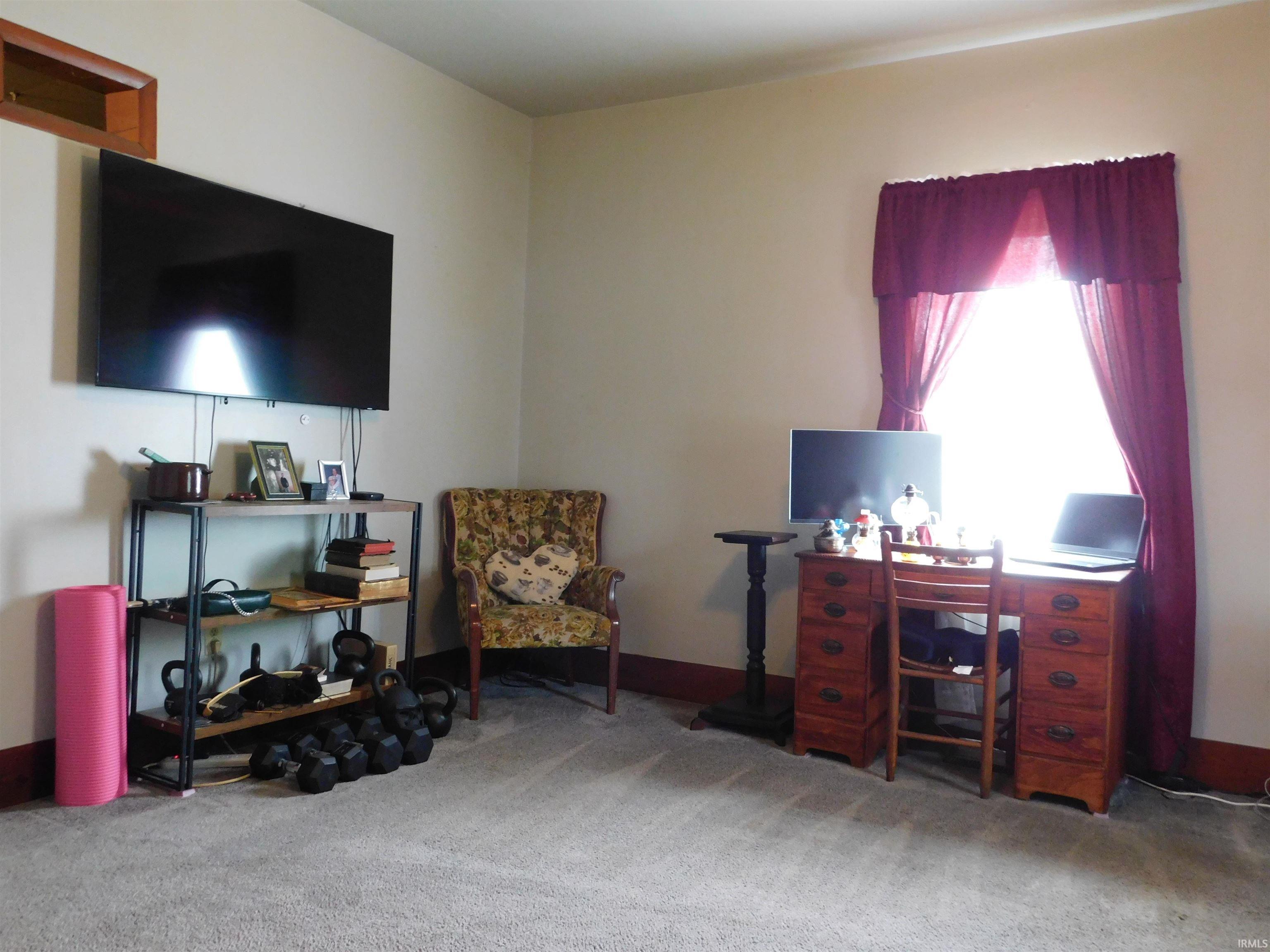 Carpeted room with light-toned walls and dark wood trim