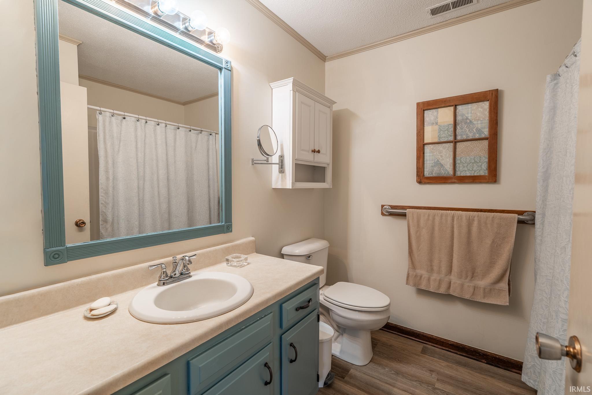 Bathroom featuring a light blue vanity with a built-in sink, wood-finish flooring, a white toilet, and a shower with a white curtain