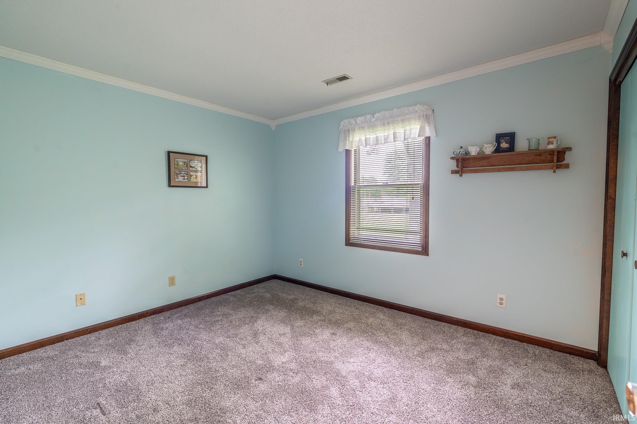 Room featuring light blue walls, gray carpet, and dark wood-finish baseboards