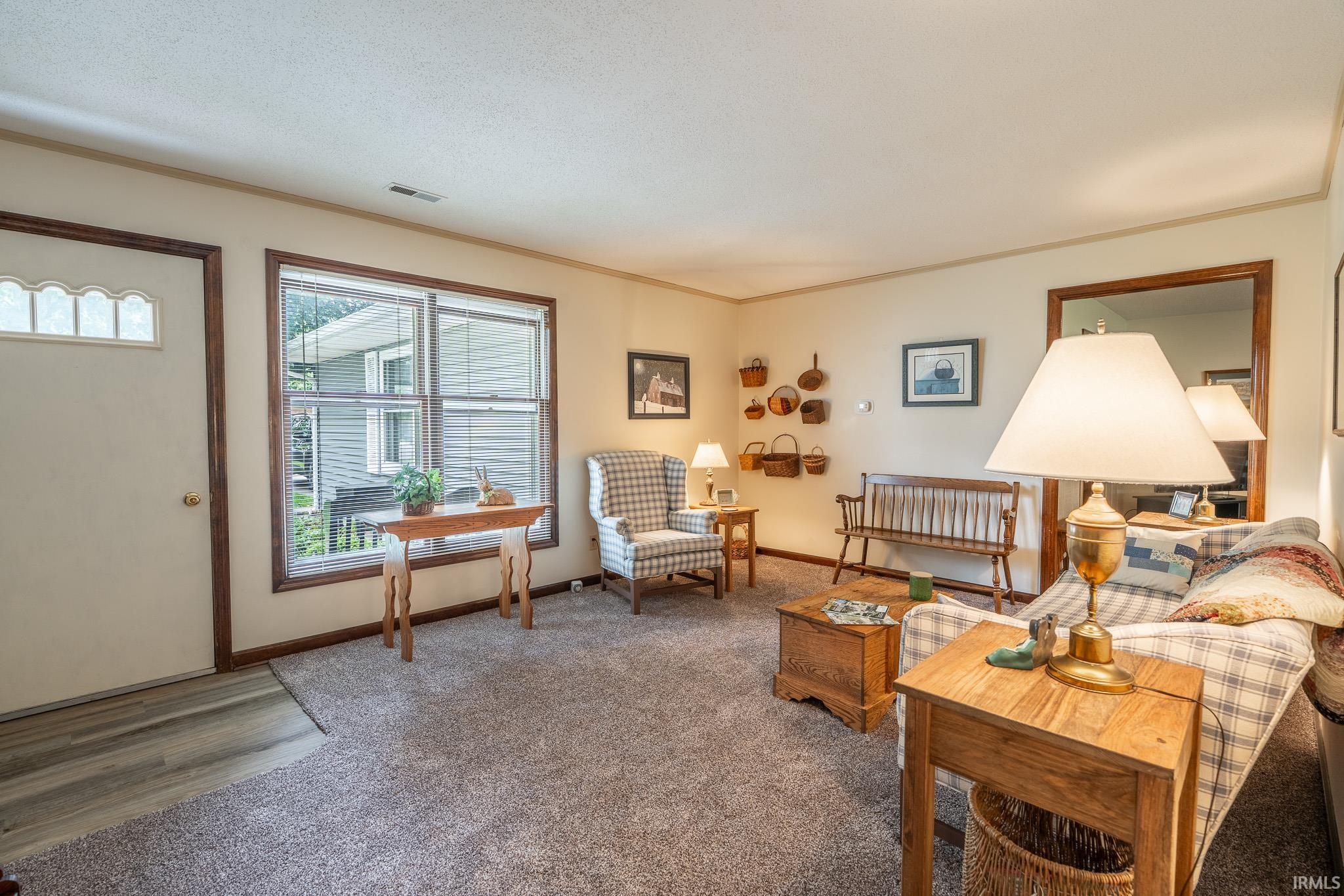 Carpeted living area featuring a front entry door with decorative glass, wood-finish flooring at the entry, and a large window with wood trim