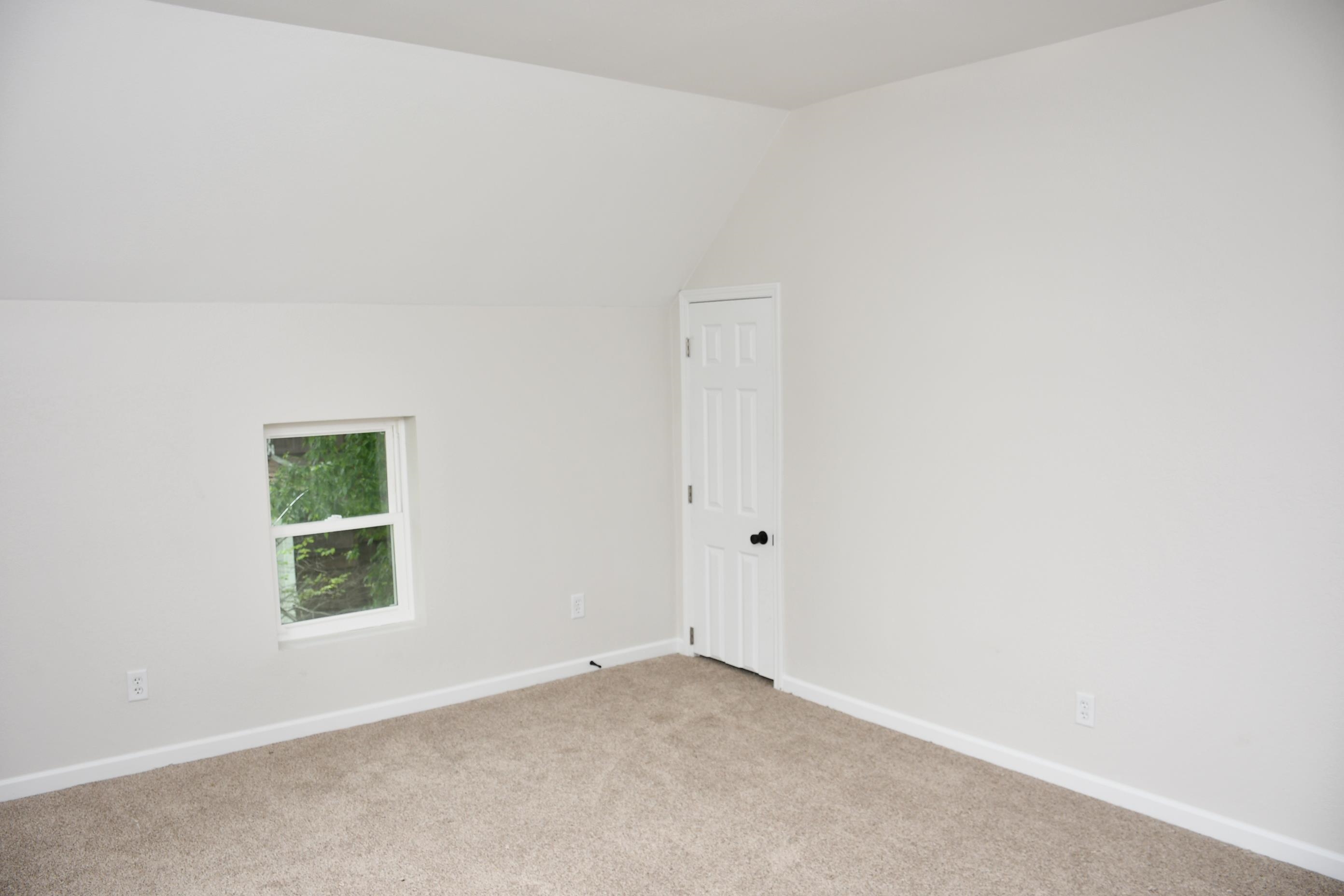 Carpeted room featuring a single window, white walls, and a white panel door with black hardware