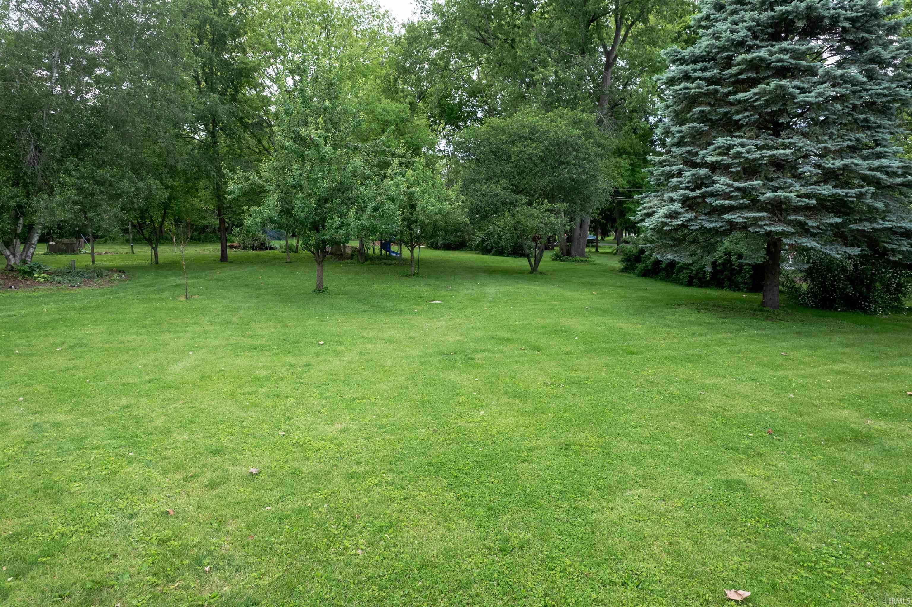 Expansive green lawn with mature trees, including a prominent evergreen, providing natural landscaping