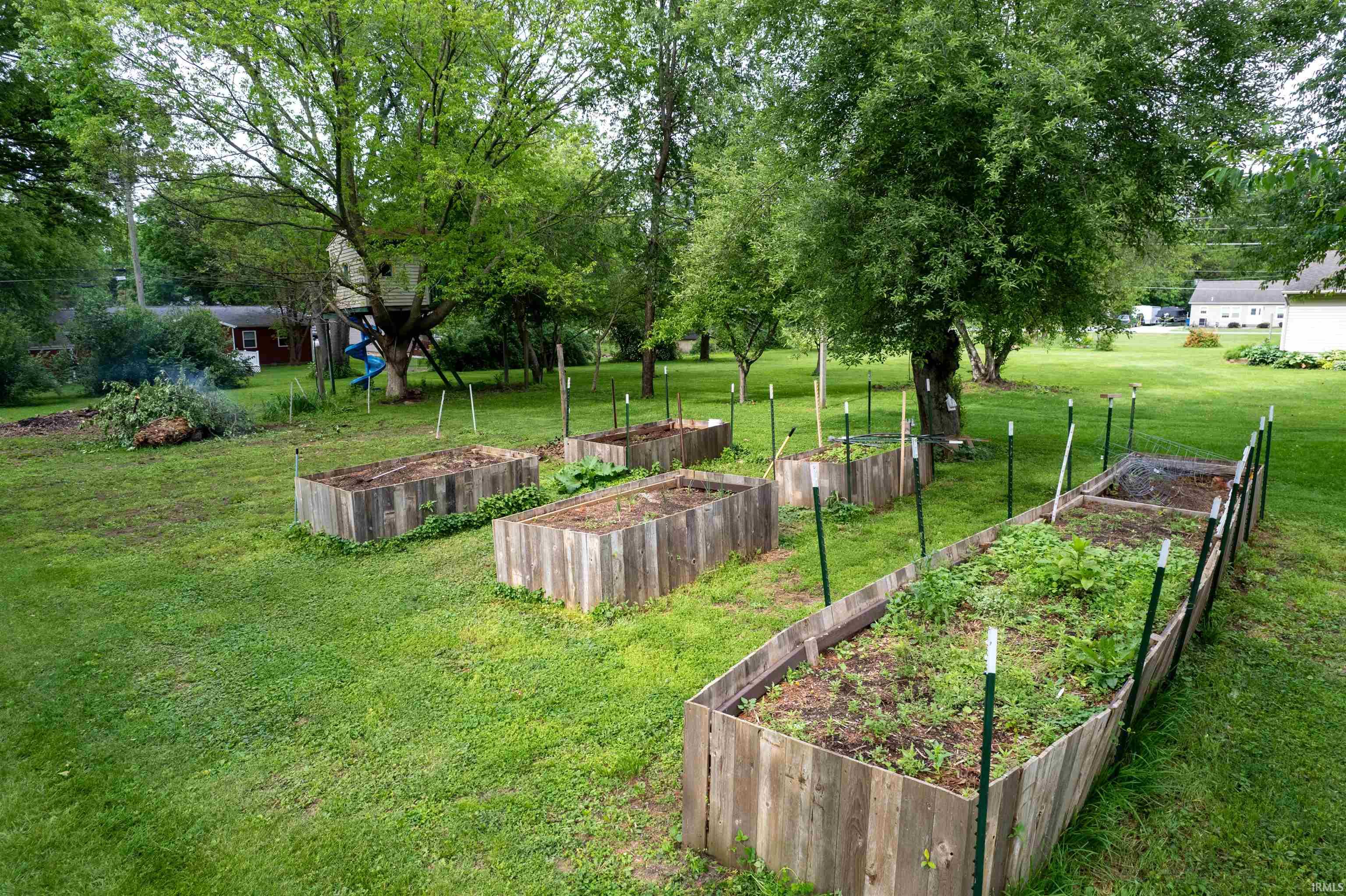 Multiple raised garden beds constructed from wood planks surrounded by a grassy lawn and mature trees
