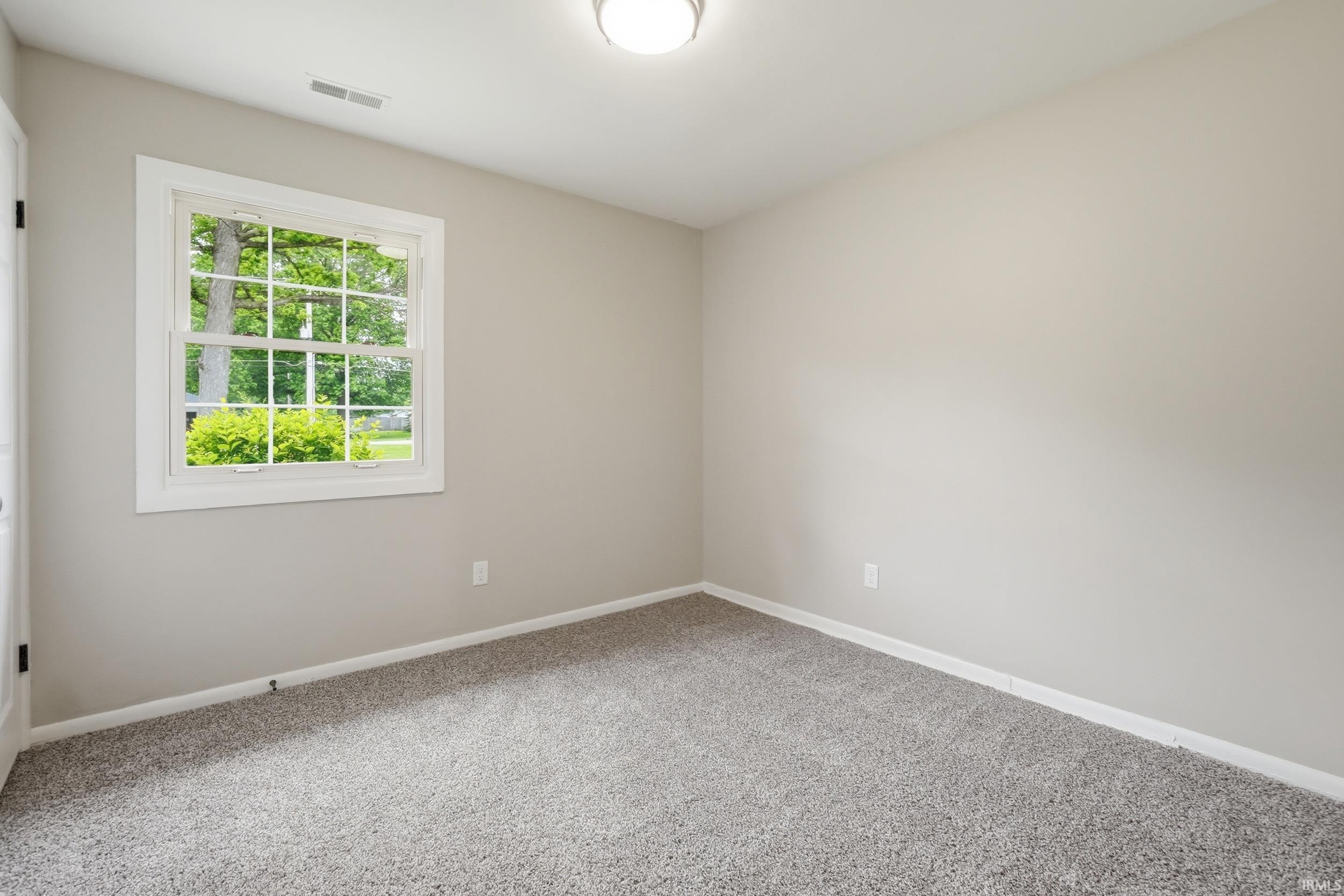 Neutral-toned wall finishes featuring white trim and gray carpeting