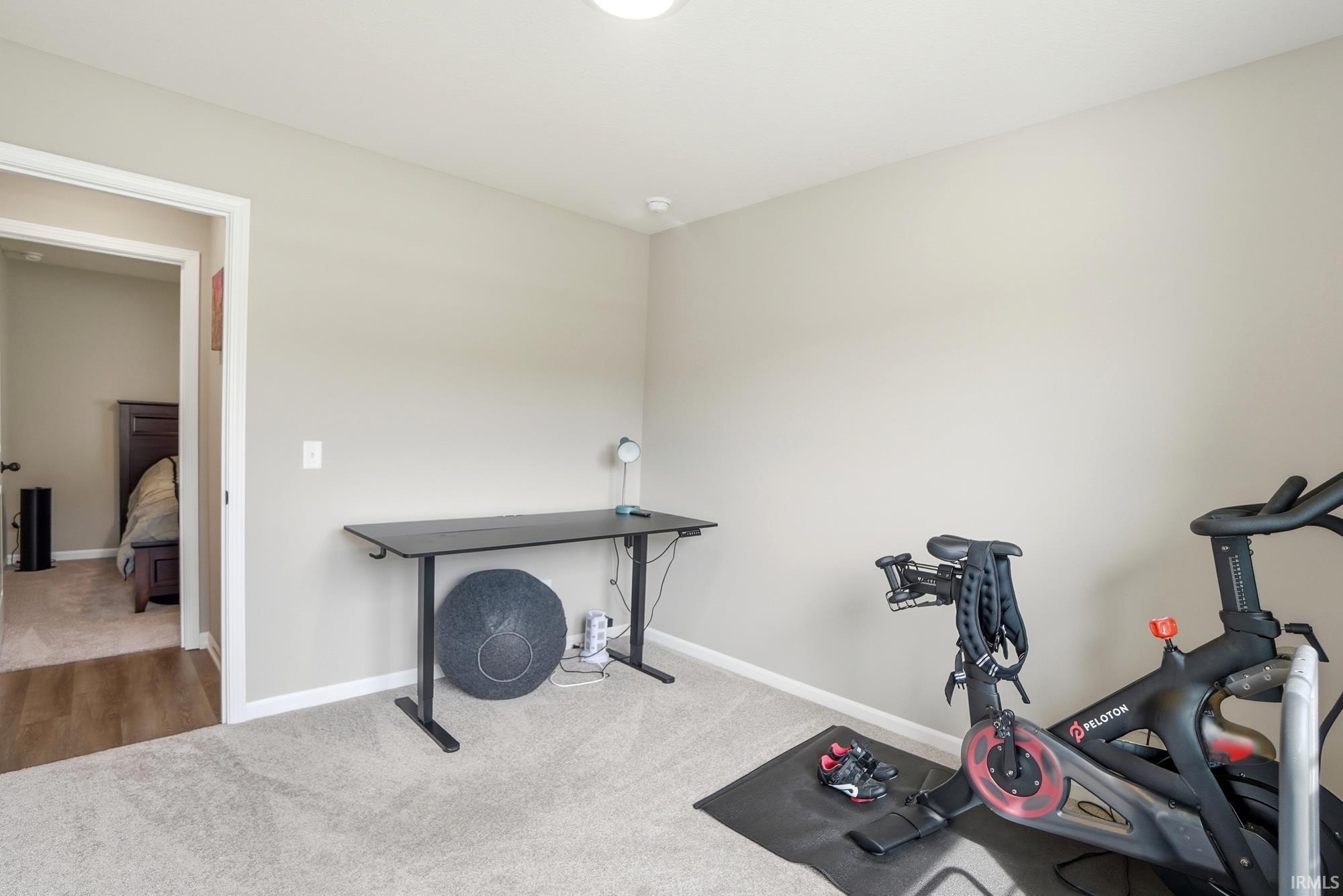 Neutral-toned room featuring light gray carpeting, white baseboards, and a recessed ceiling light