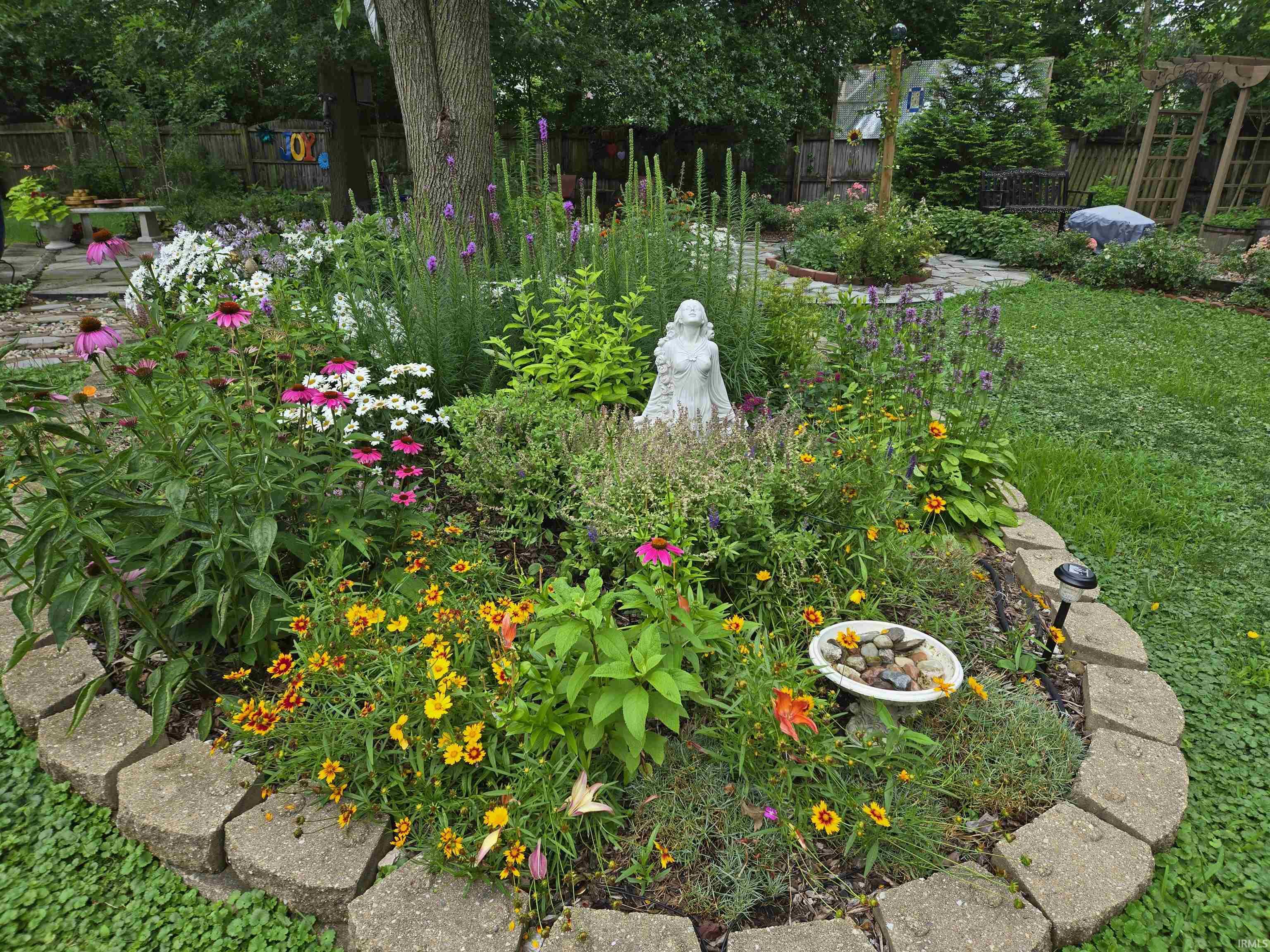 Lush garden bed featuring diverse plantings, a sculptural element, and a stone border