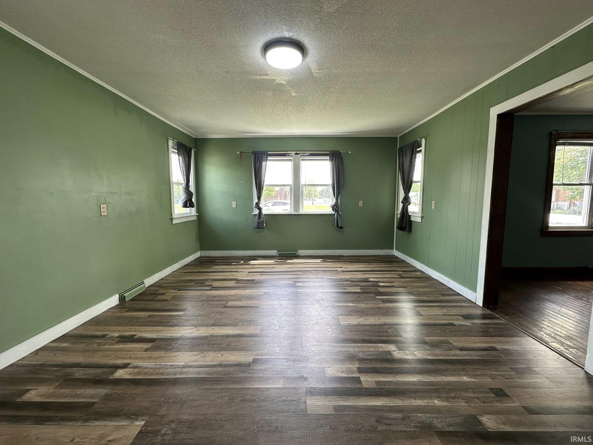 Spacious room featuring wood-finish flooring, multiple windows, a ceiling-mounted light fixture, and white baseboards