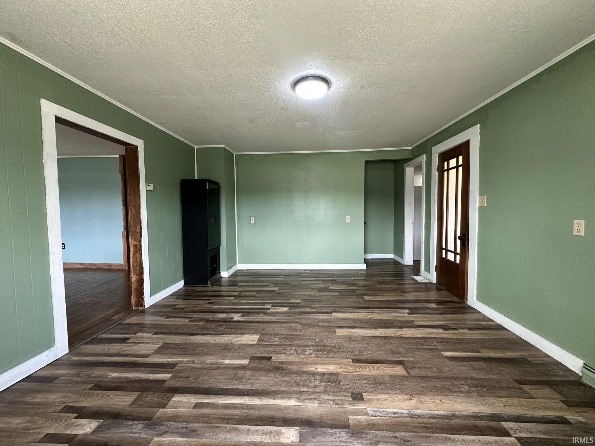 Spacious interior room featuring wood-finish flooring, green paneling, white trim, and a modern ceiling light fixture