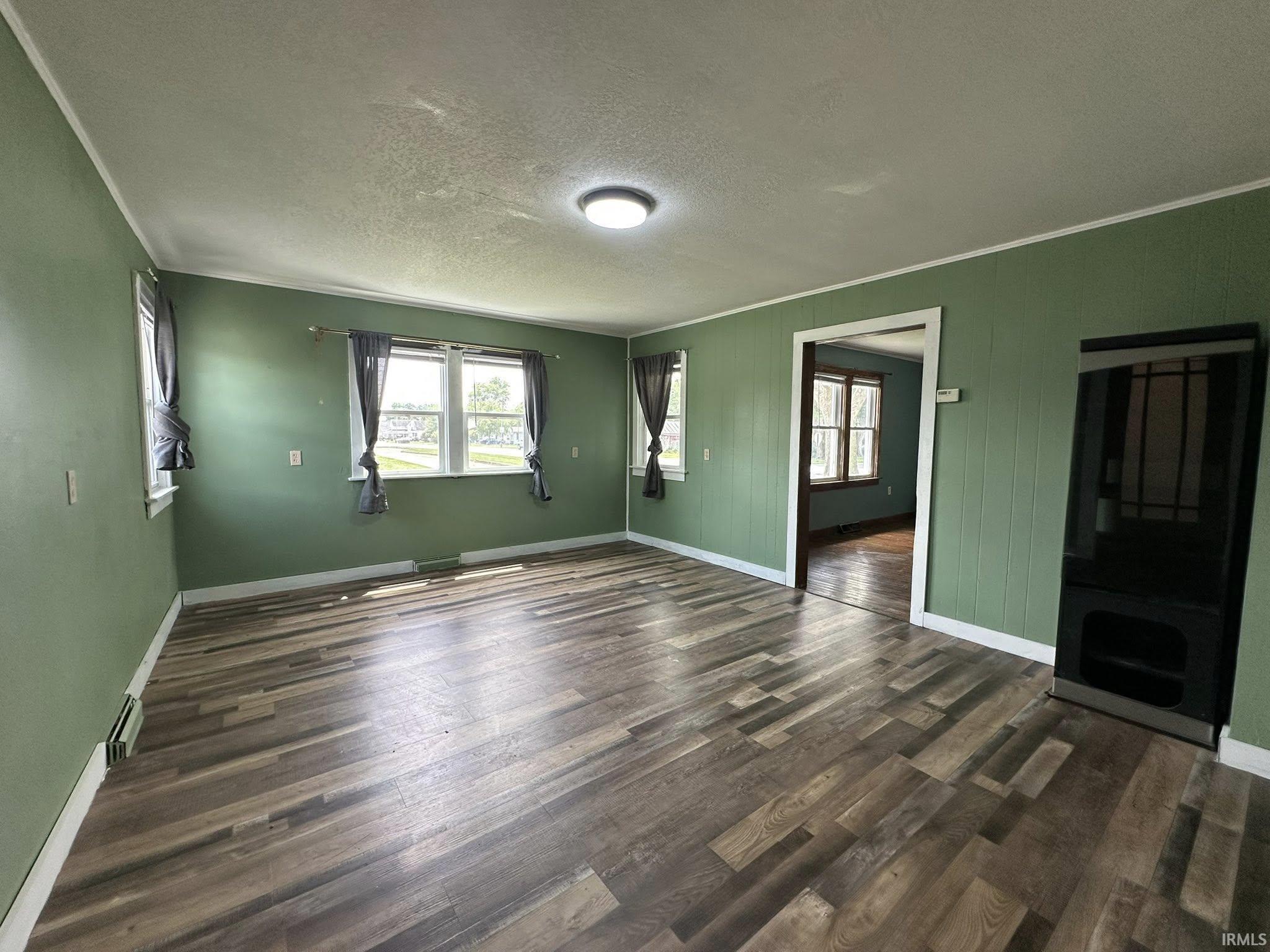 Spacious room featuring wood-finish flooring, light green walls, multiple windows, and a built-in vertical cabinet