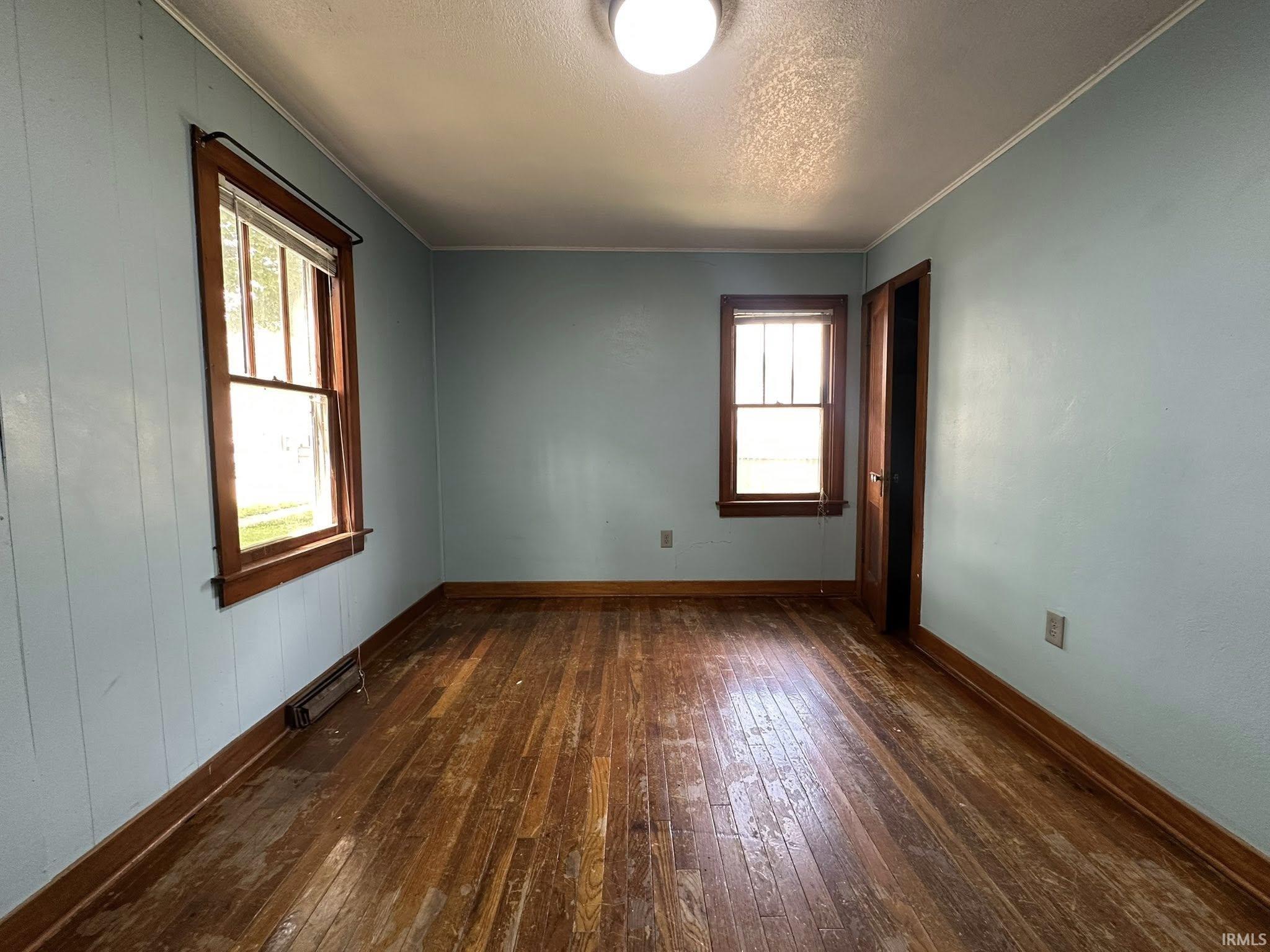 Room featuring wood-finish flooring, two sash windows with wood trim, light blue wall paneling, and a flush-mount ceiling light fixture