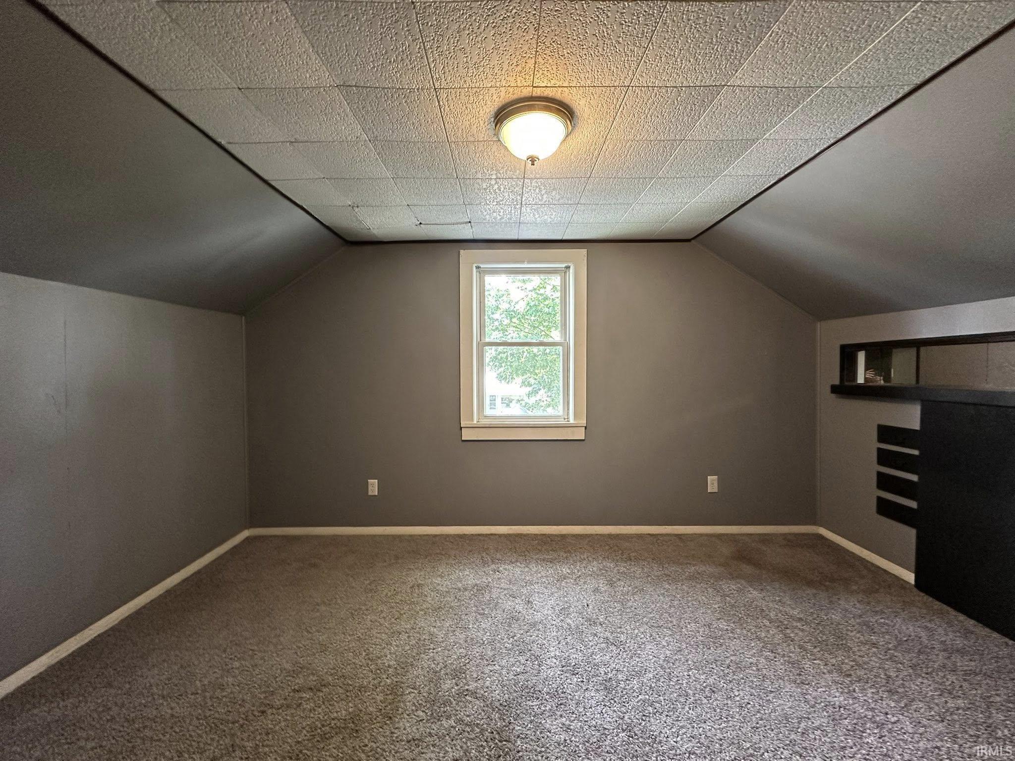 Carpeted room featuring a single-hung window with white trim, sloped ceilings, and a built-in recessed storage area