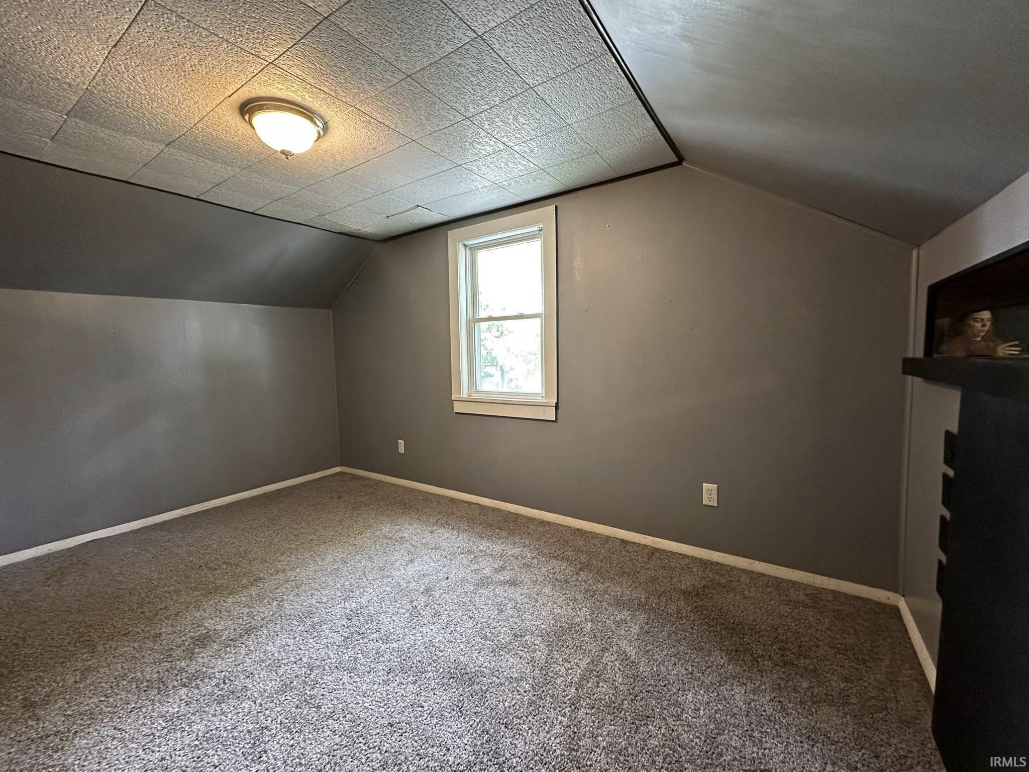 Carpeted room featuring a single window, a flush mount ceiling light, and neutral gray walls