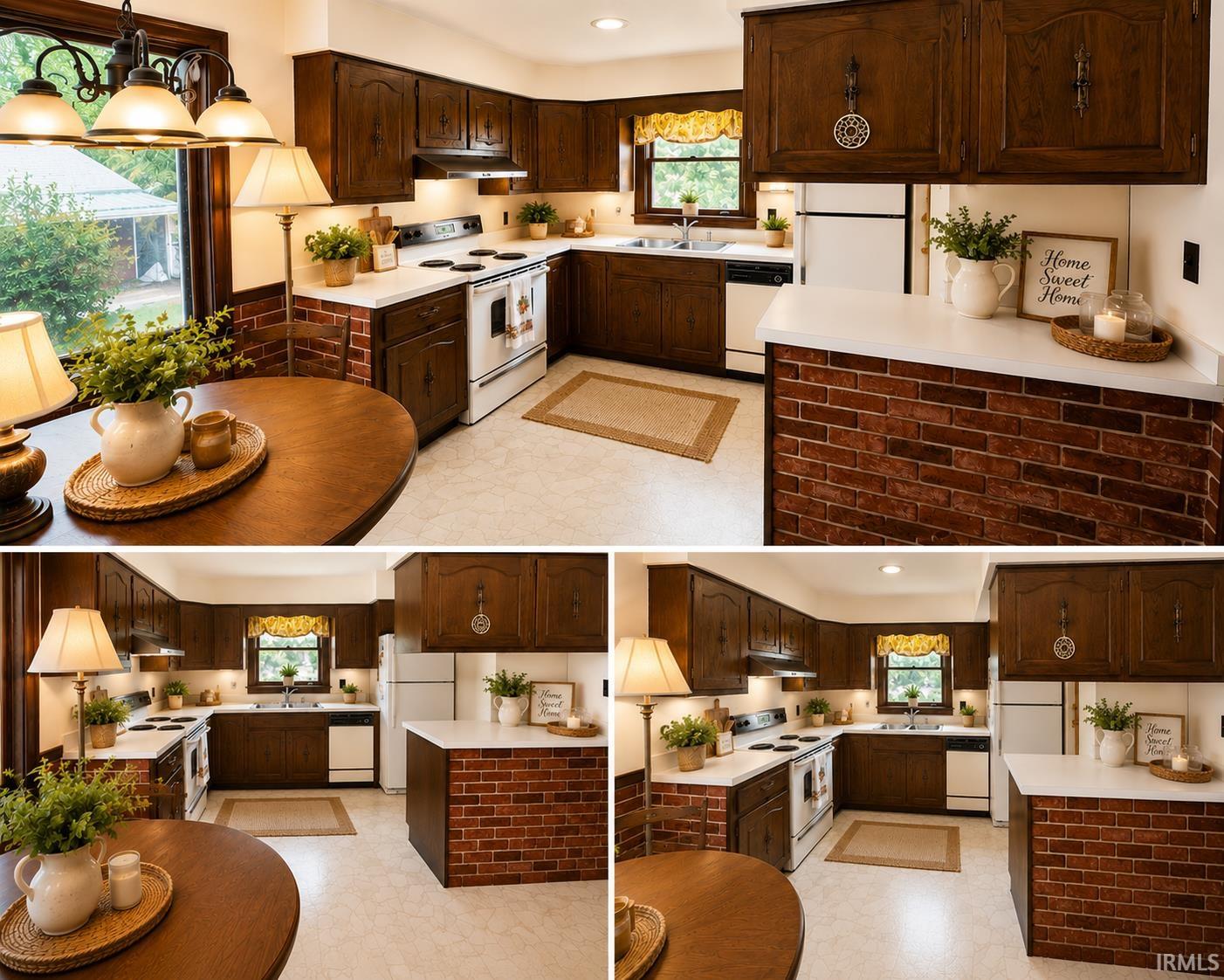Property Visual Documentation. Displaying kitchen and dining area features, Grabill Custom made Amish cabinets, Displaying original and virtually staged interior images of the property