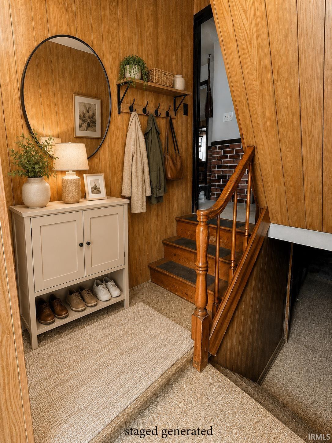 Warm wood paneling throughout the entryway and staircase  Displaying original and virtually staged interior images of the property