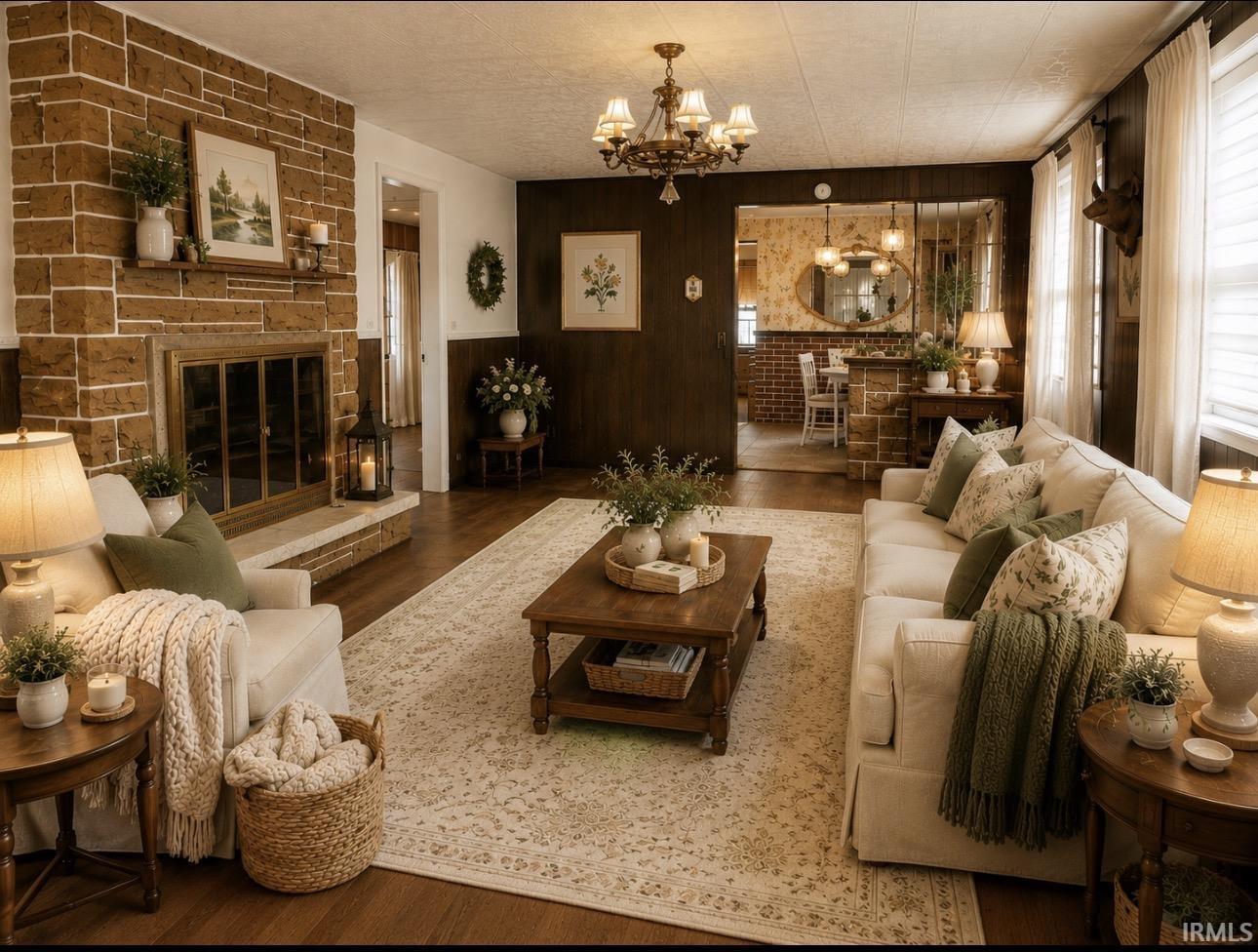 Spacious living area featuring a stone-clad fireplace with a hearth, dark wood-finish wall panels, wood-finish flooring, and an ornamental chandelier