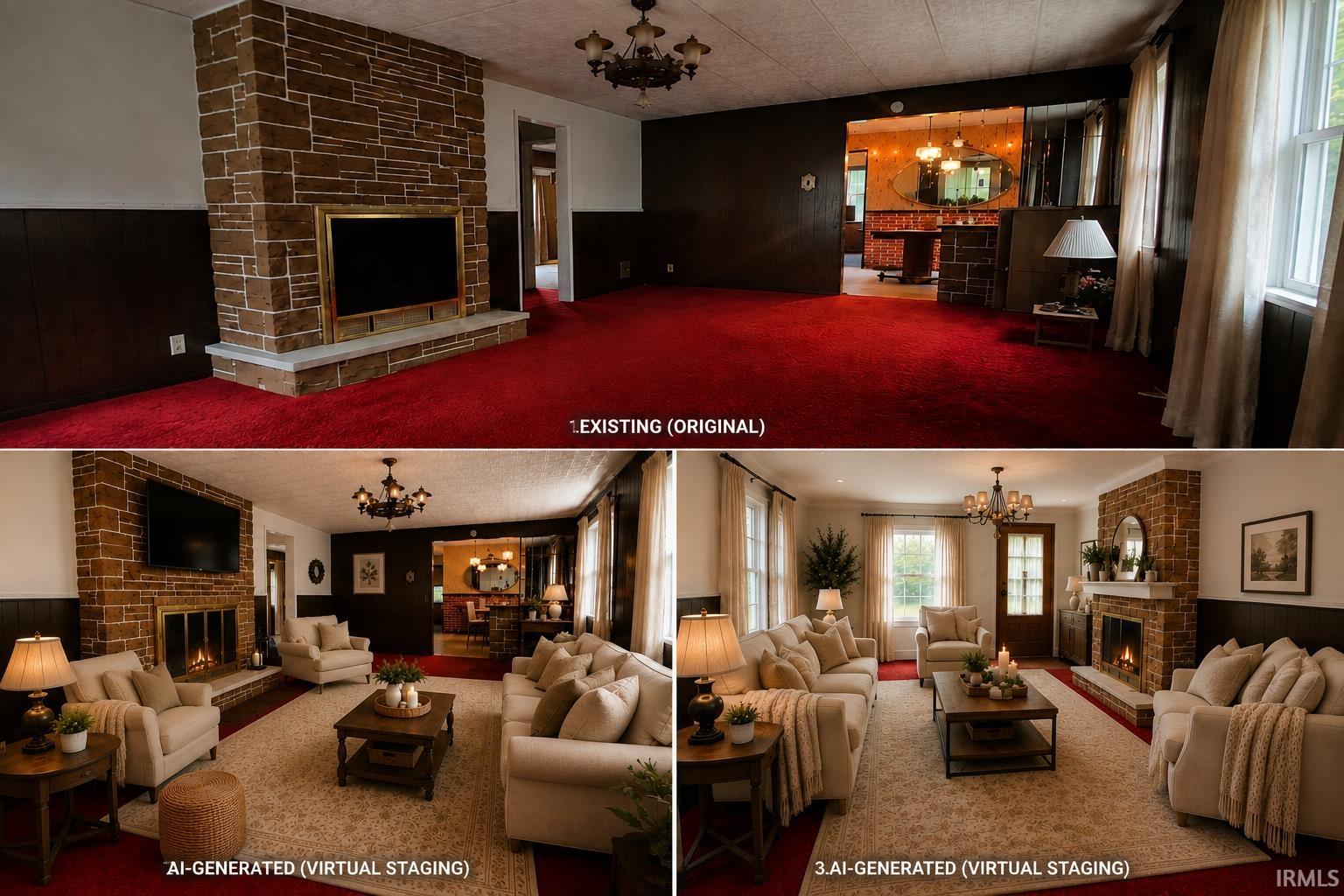 Property Visual Enhancement. Displaying original and virtually staged interior images of the property Original Wood Floors under Carpet