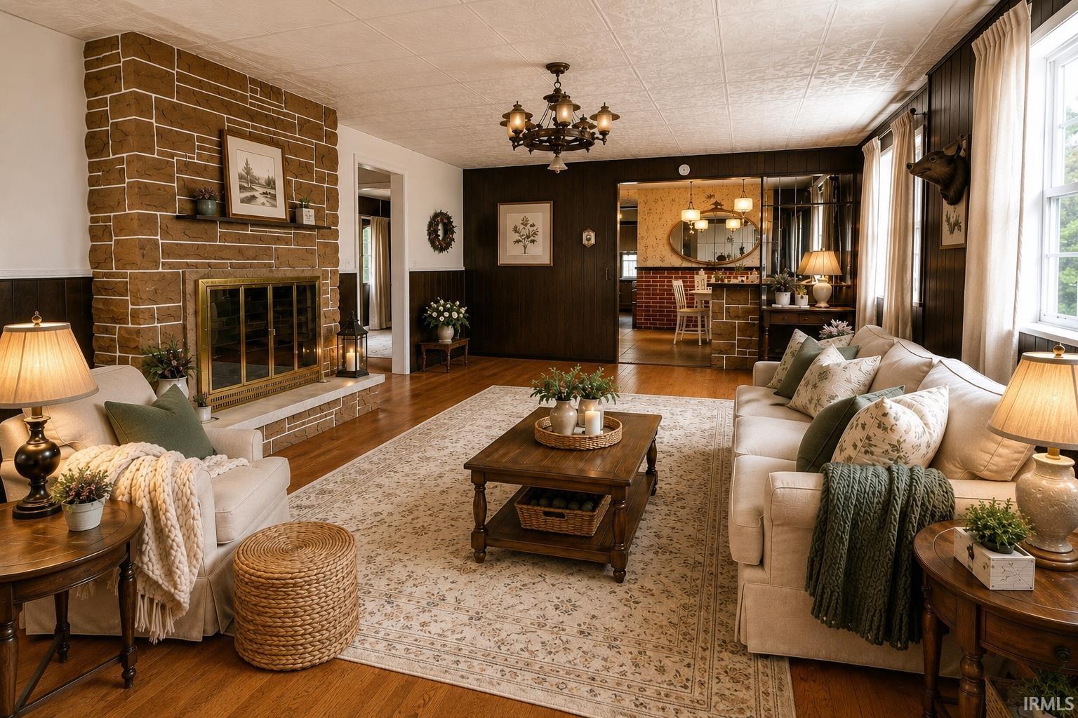 Spacious living area featuring a prominent stone fireplace, hardwood flooring, and an ornate chandelier